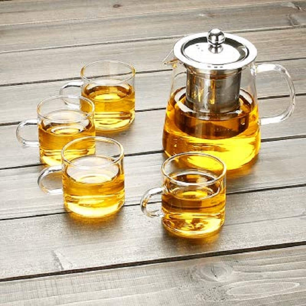 Zroy Enterprise Borosilicate Glass Round Tea Pot With Heat Resistant Stainless Steel Infuser Perfect For Tea And Coffee Maker, Clear Glass Kettle With 4 Cups (950 Ml, Round Kettle With Cups)