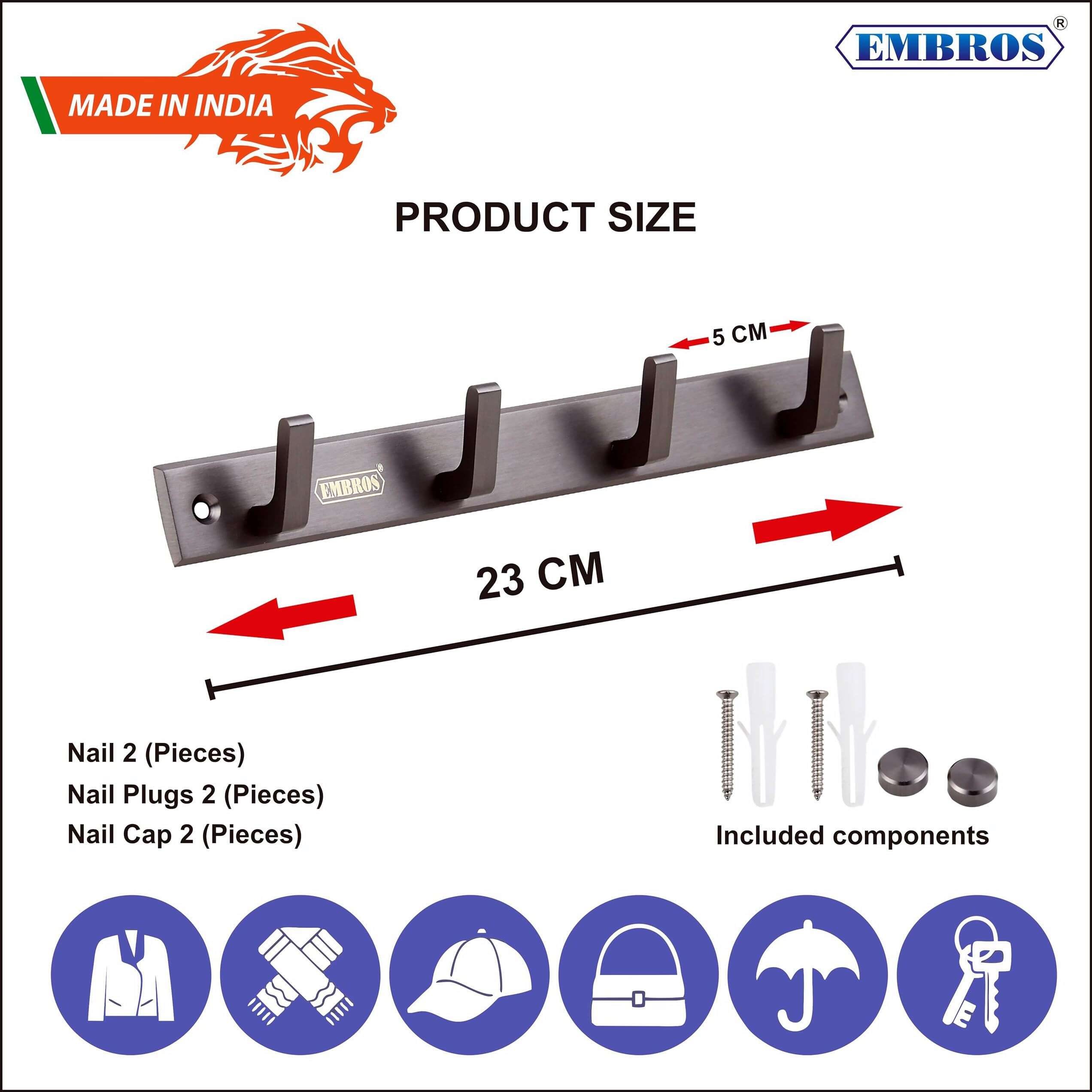 Embros Brass Wall Hooks - Entryway Coat Rack With 4 Hooks - Durable Metal Hanger For Bathroom, Towels, Clothes, Hats, Keys - Wall Mounted Robe Hooks Holder - Organizer For Home, Kitchen, Bedroom