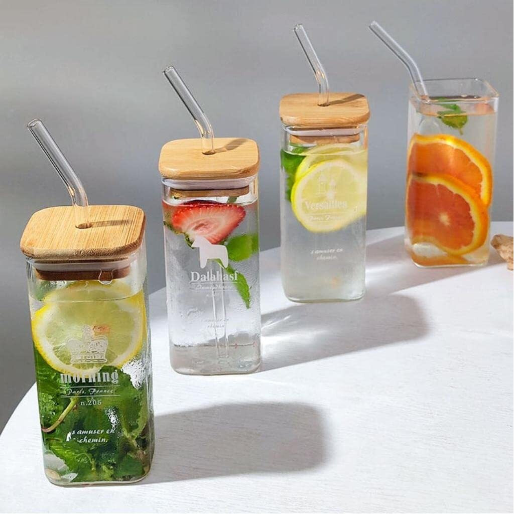 Kikiluxxa Water Drinking Glass Green Tea And Coffee Can Mug With Lid And Straw Set Of 4, Beer Soda Fruit Juice Milk Glass Sipper Tumbler Cup With Straw (320Ml Lid Coffee Can 4)