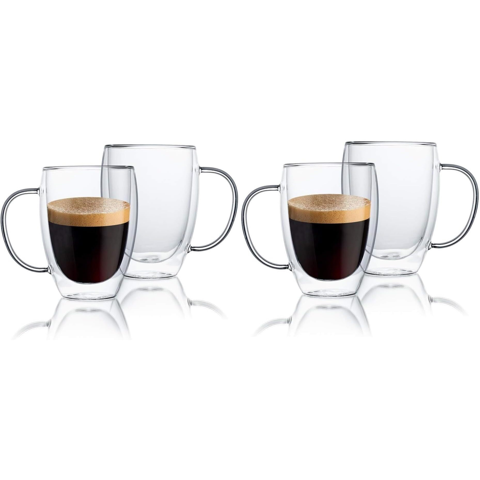 Zroy Enterprise Double Wall Glass 350Ml Set Of 4 Coffee Cups - Double Walled Glass Mugs For Hot & Cold Drinks Coffee Tea Milk Cappuchino Juice (4, 350Ml Cup)