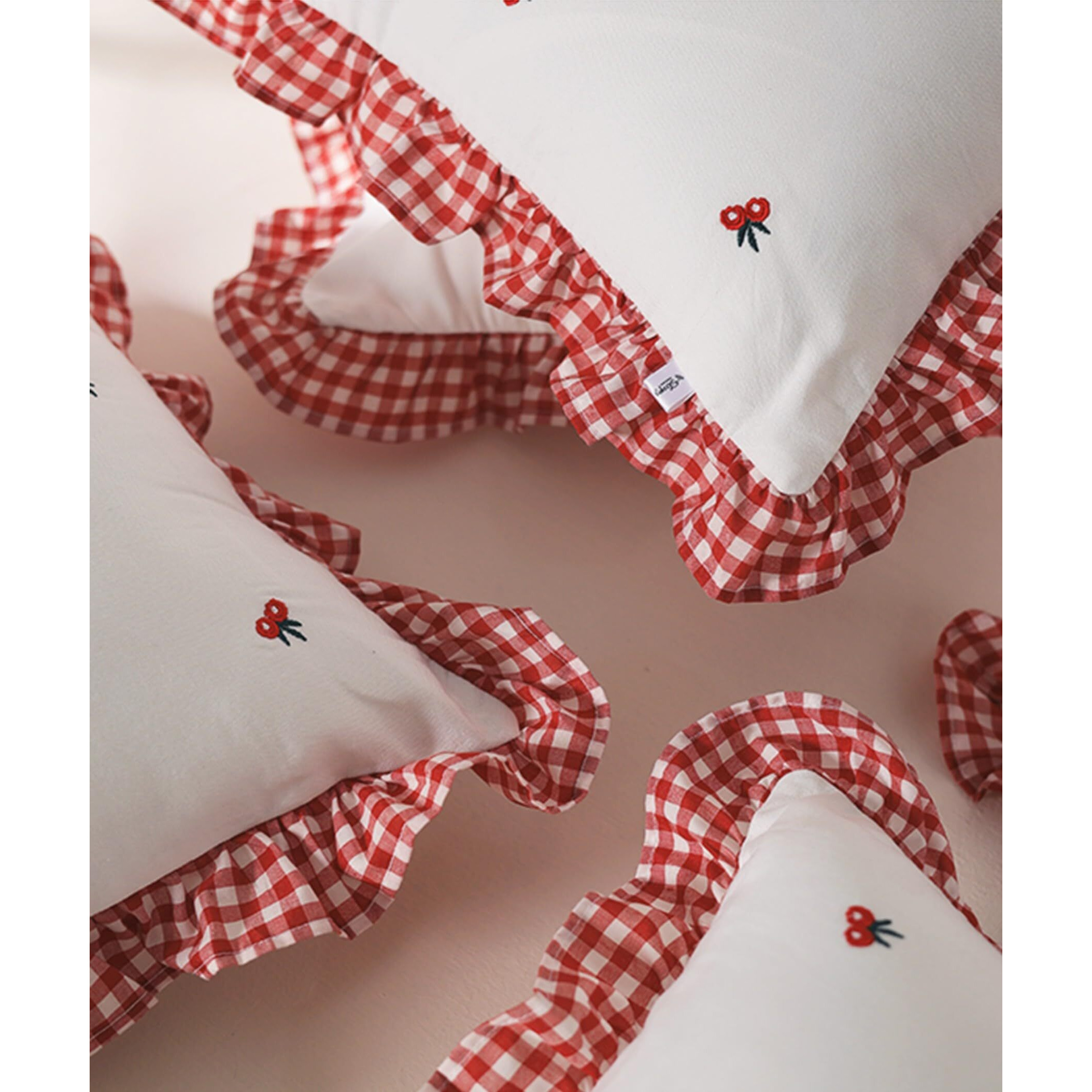 Sleepy Threads Cotton Cushion Cover Red & White | Set Of 3 | Square Floral Embroidered With Ruffle Frill Edging Throw For Sofa,Living Room,Bedroom, Deewan,Couch, 16X16 Inch/40X40 Cm