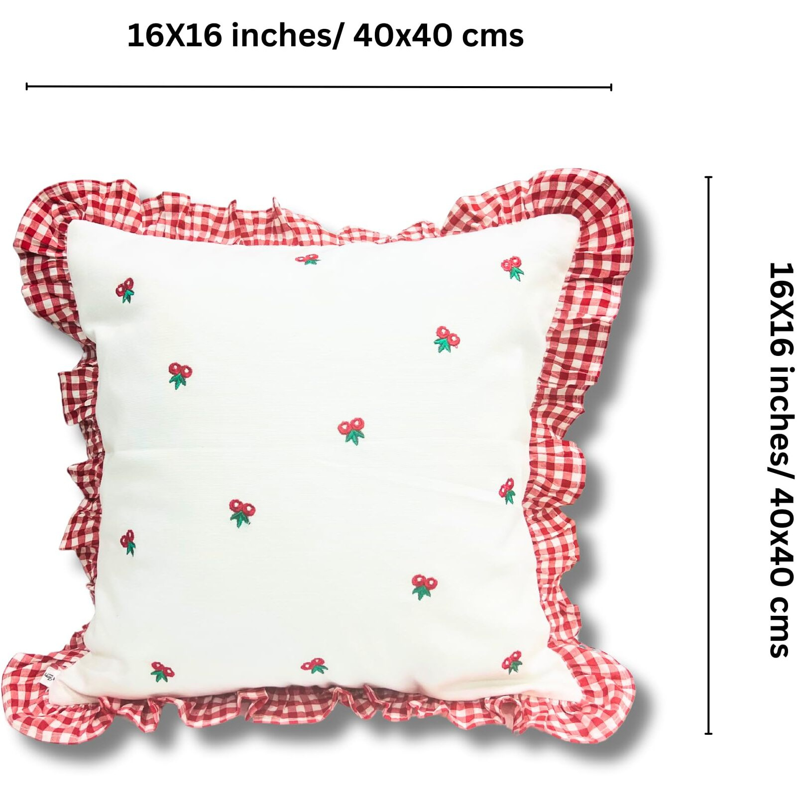 Sleepy Threads Cotton Cushion Cover Red & White | Set Of 3 | Square Floral Embroidered With Ruffle Frill Edging Throw For Sofa,Living Room,Bedroom, Deewan,Couch, 16X16 Inch/40X40 Cm