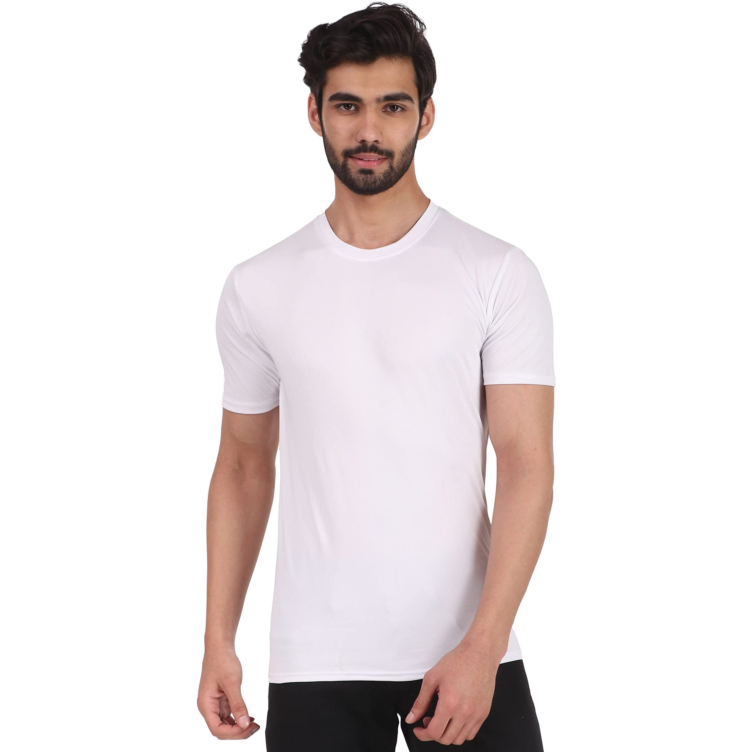 London Hills Polyester Solid Men Round Sports White Slim Fit T-Shirt, Large
