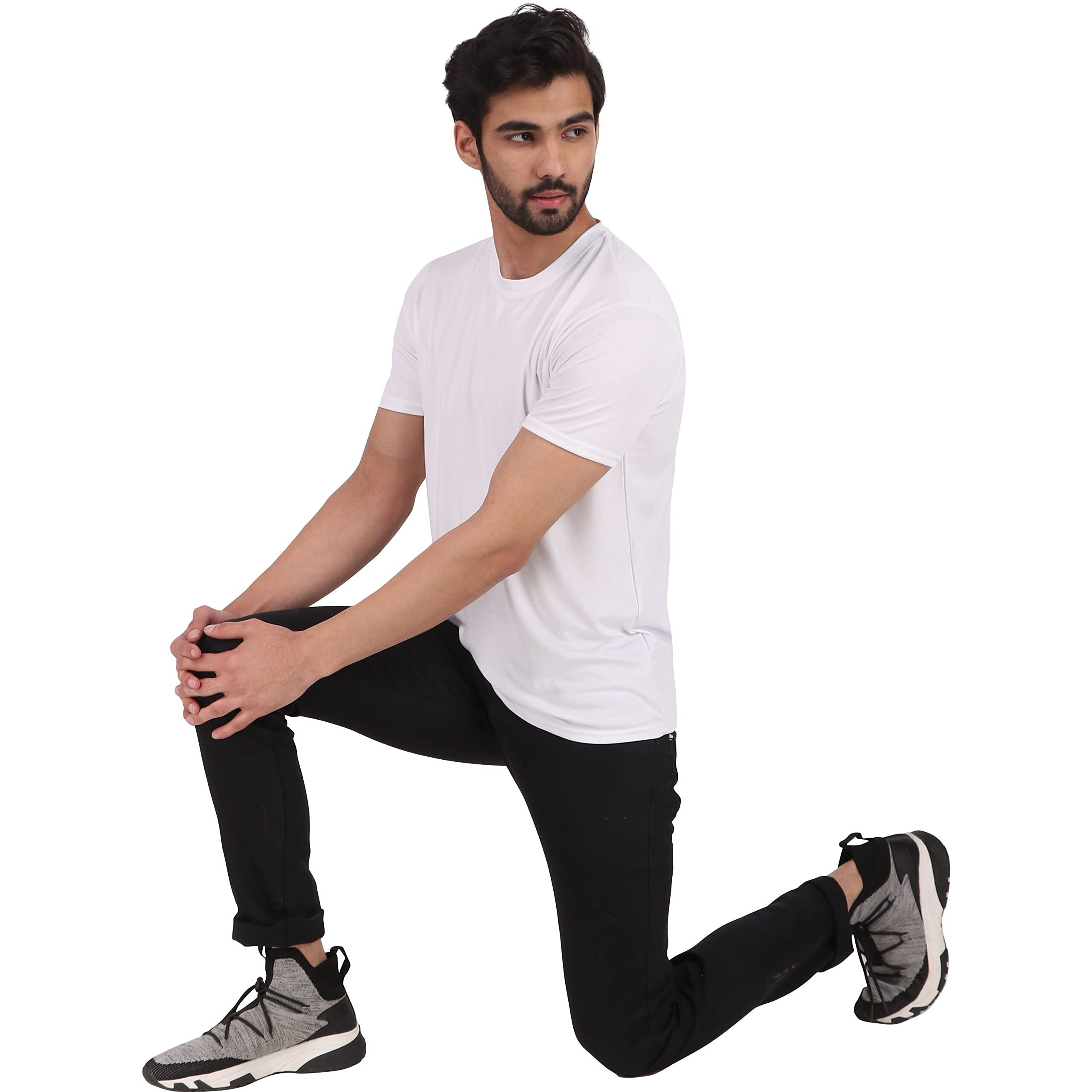 London Hills Polyester Solid Men Round Sports White Slim Fit T-Shirt, Large