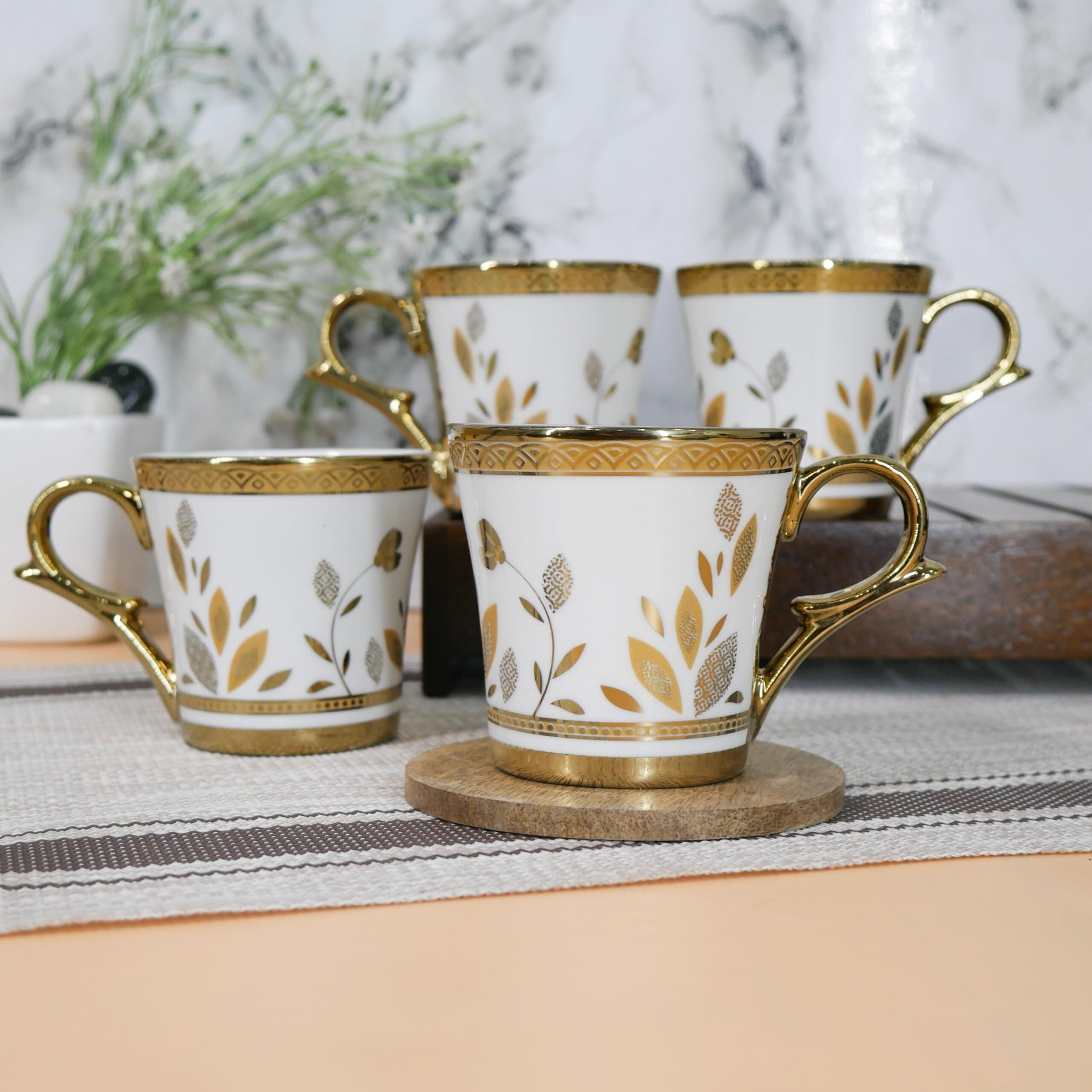 Femora Premium Golden Grass Lawn Print Ceramic Coffee & Tea Cup Set Of 4, 160 Ml
