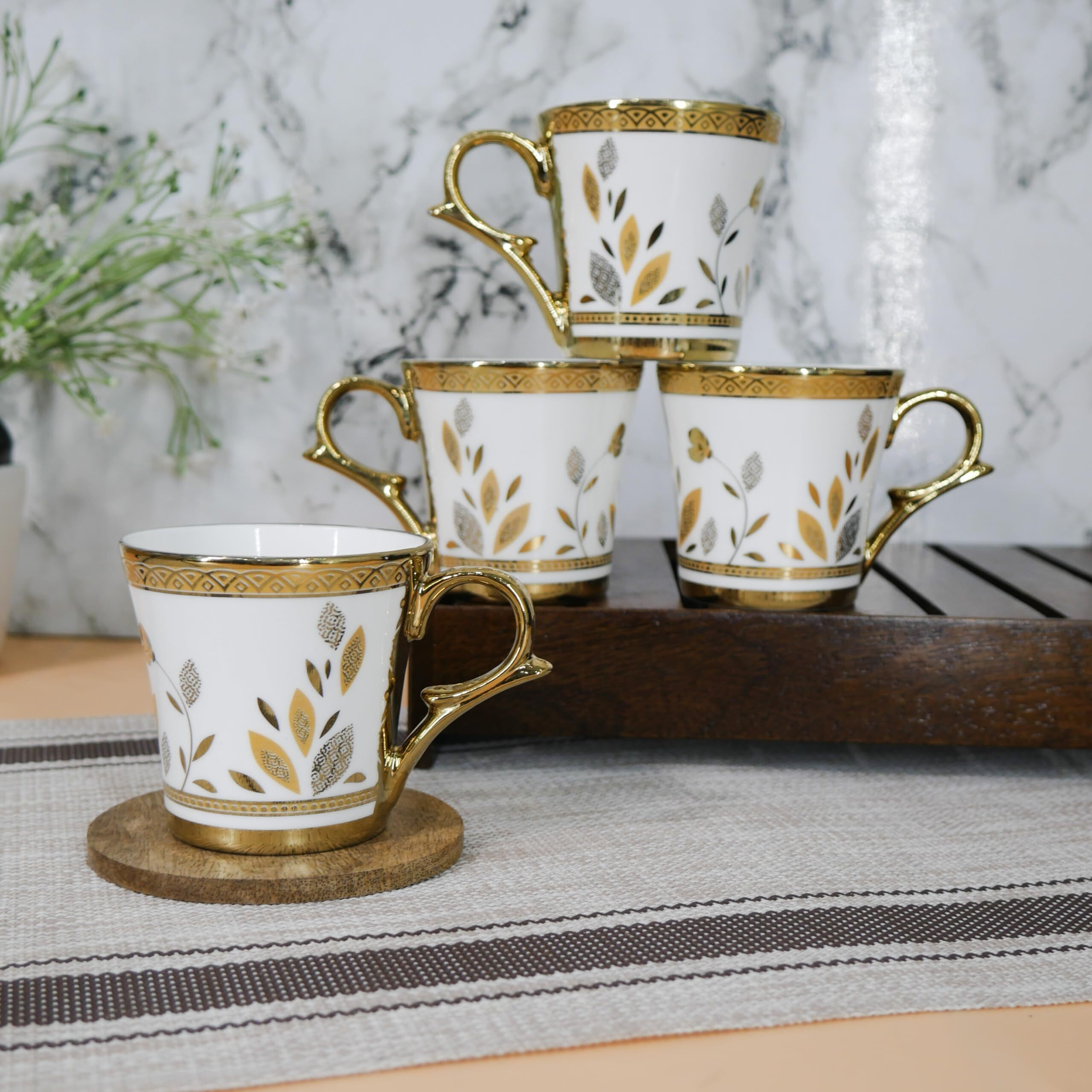 Femora Premium Golden Grass Lawn Print Ceramic Coffee & Tea Cup Set Of 4, 160 Ml