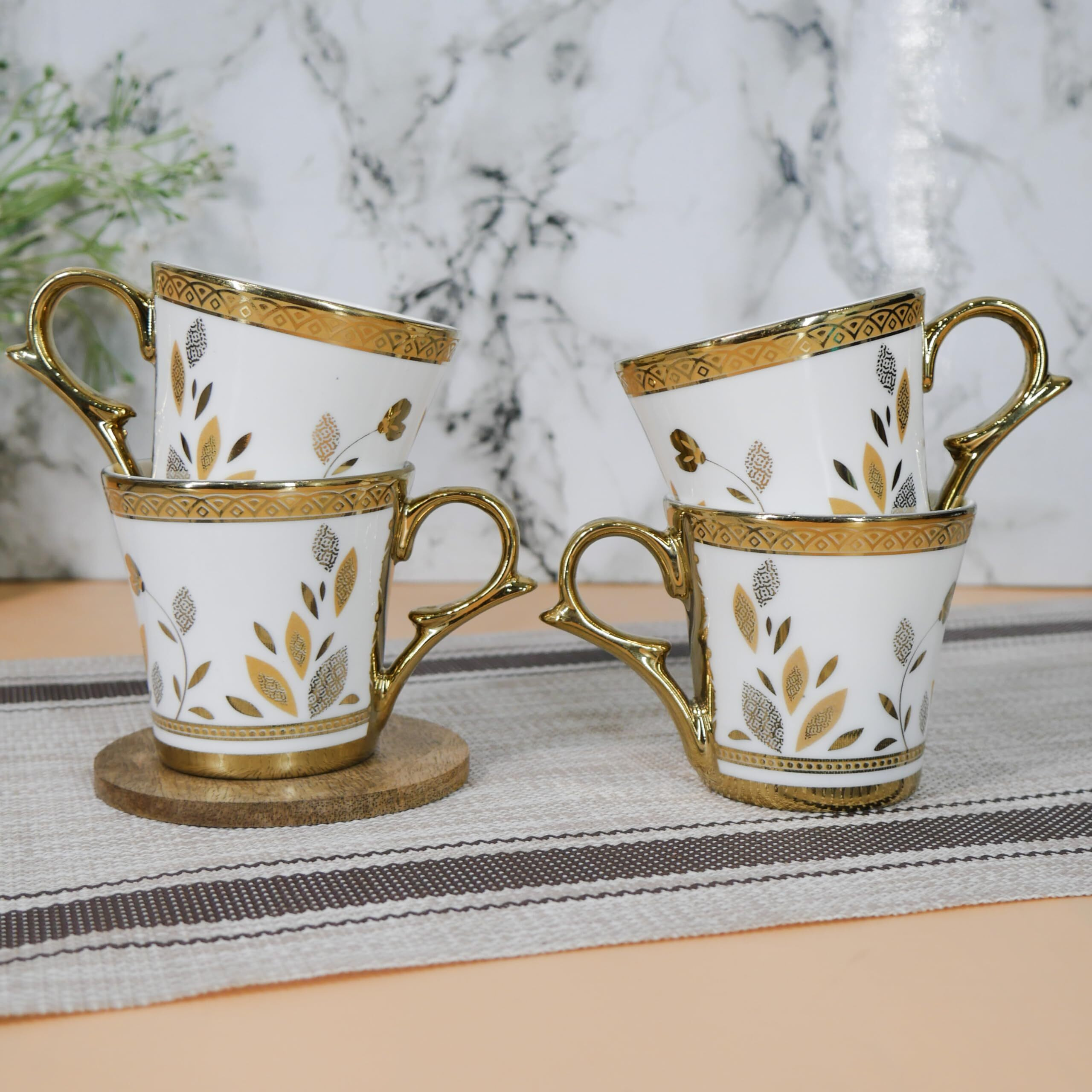 Femora Premium Golden Grass Lawn Print Ceramic Coffee & Tea Cup Set Of 4, 160 Ml