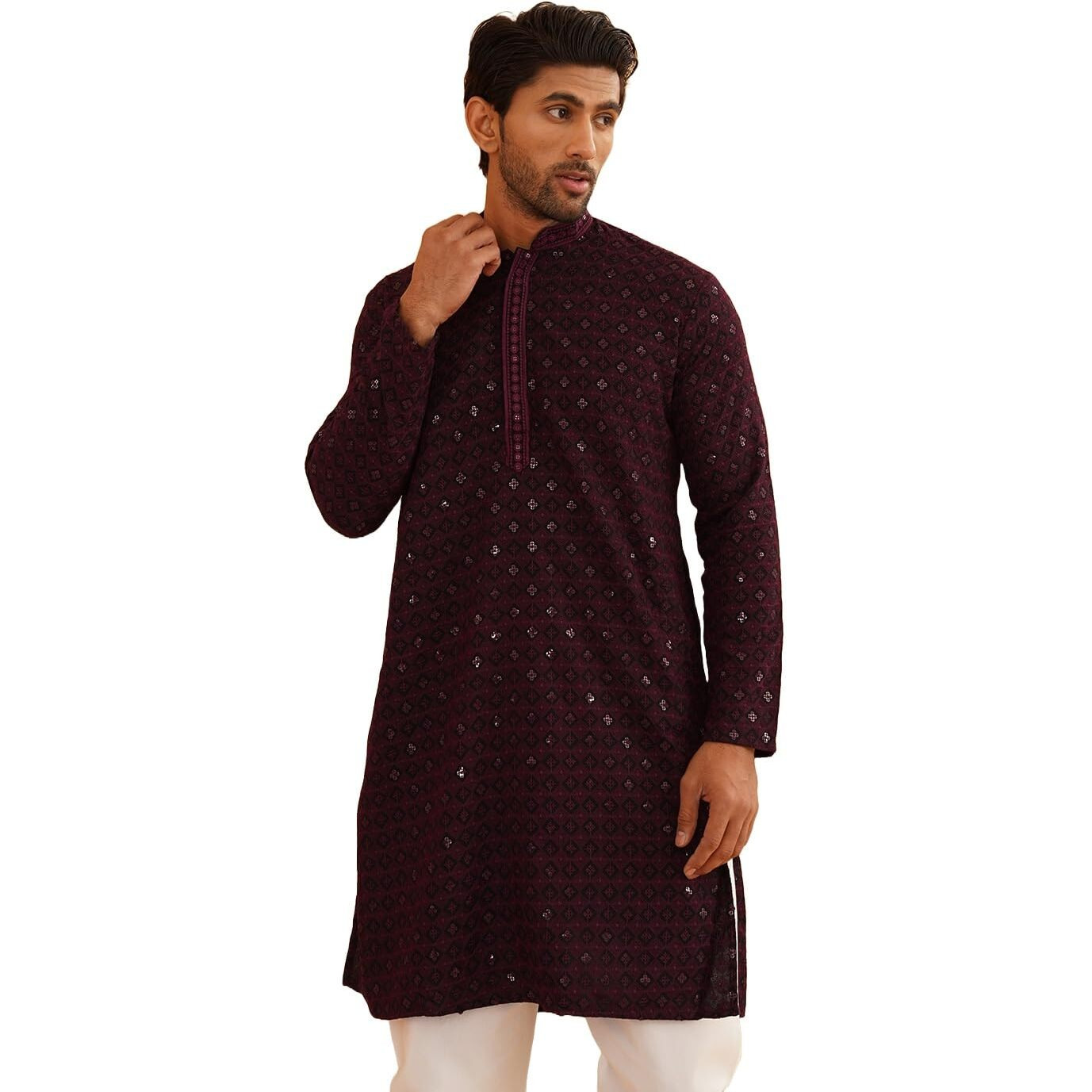 Sojanya (Since 1958 Men's Cotton Contrast Embroidered Sequinned Purple Long Kurta, Size38