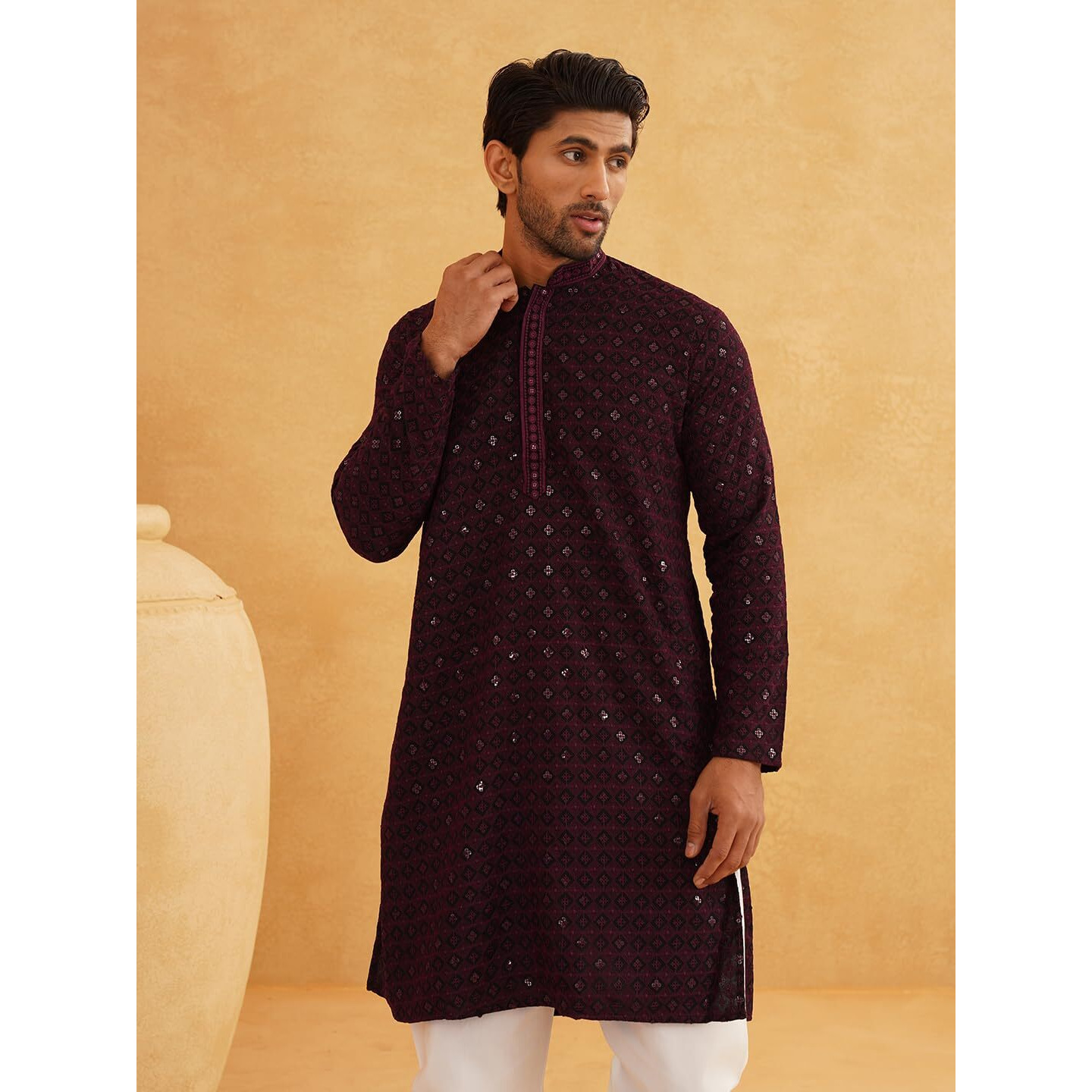 Sojanya (Since 1958 Men's Cotton Contrast Embroidered Sequinned Purple Long Kurta, Size38