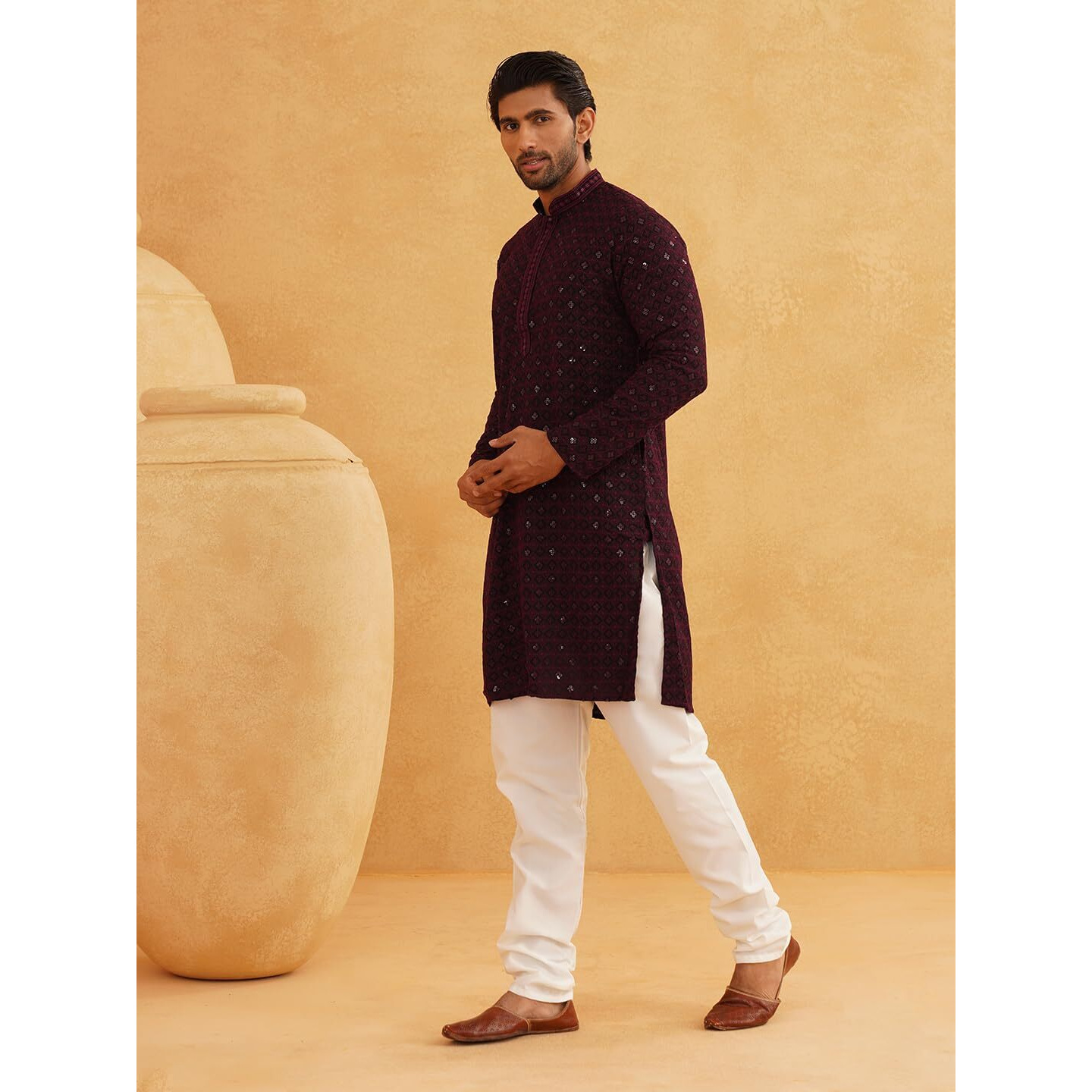 Sojanya (Since 1958 Men's Cotton Contrast Embroidered Sequinned Purple Long Kurta, Size38