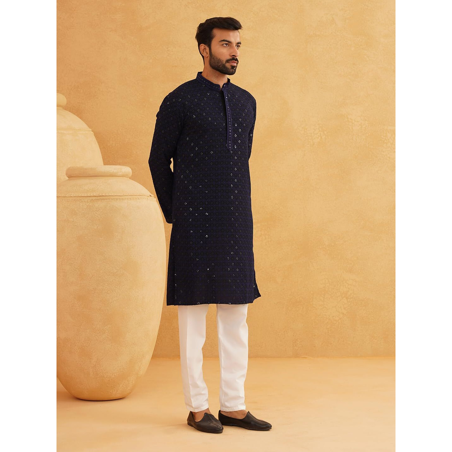 Sojanya (Since 1958 Men's Cotton Contrast Embroidered Sequinned Navy Blue Long Kurta