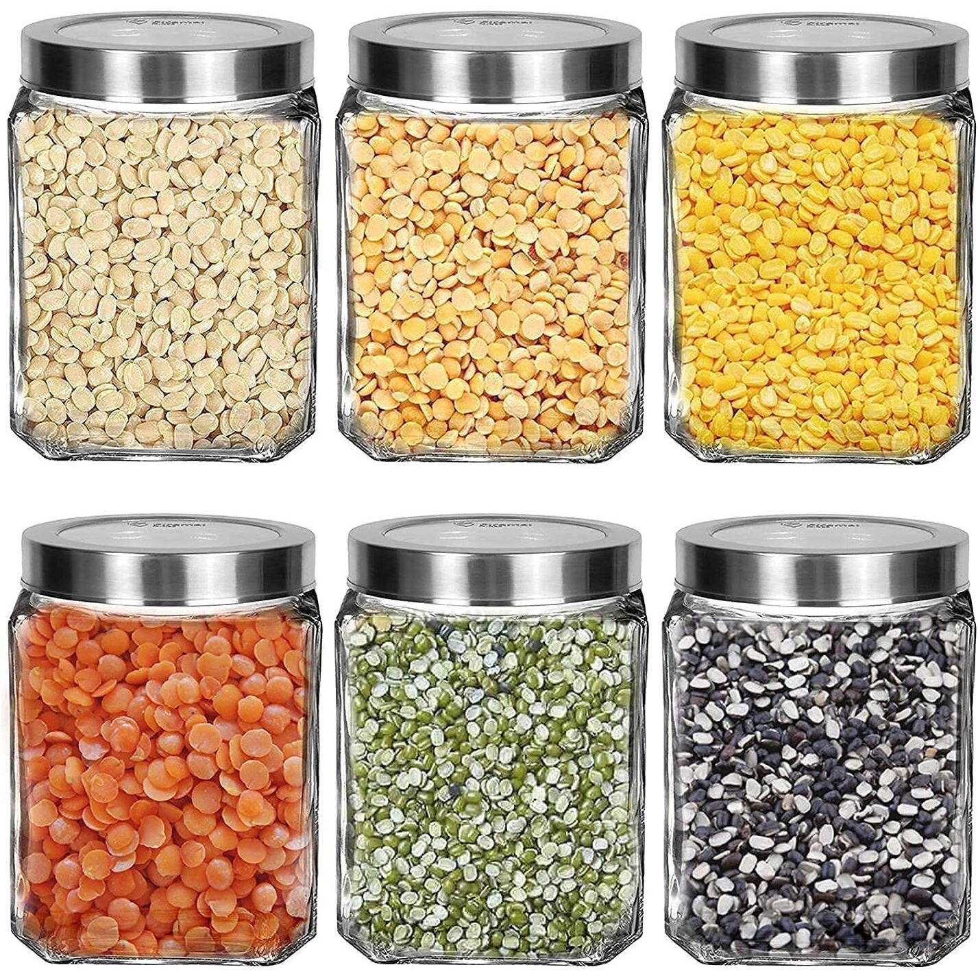 Feelopie Piramal Glass Square Clear Jars & Containers For Kitchen Pantry, Snacks, Honey, Pickles, Cookies, Dry Fruits, And Coffee Beans Storage With Stainless Steel Lid (Cube Jar) (600Ml, Set Of 6)