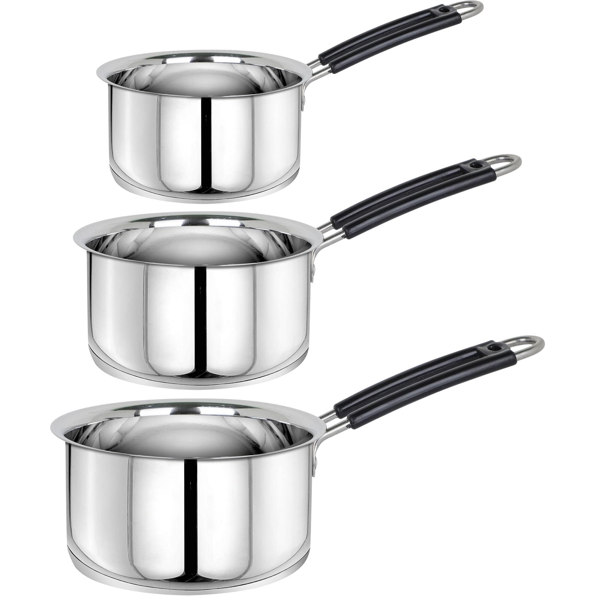 Parage 3 Pieces Stainless Steel Sauce Pan, Tea Pan, Milk Pan Heavy Guage With Heat-Resistant Wire Handle Induction & Gas Stove Friendly (1 Ltr, 1.25 Ltr, 1.75 Ltr, Silver)