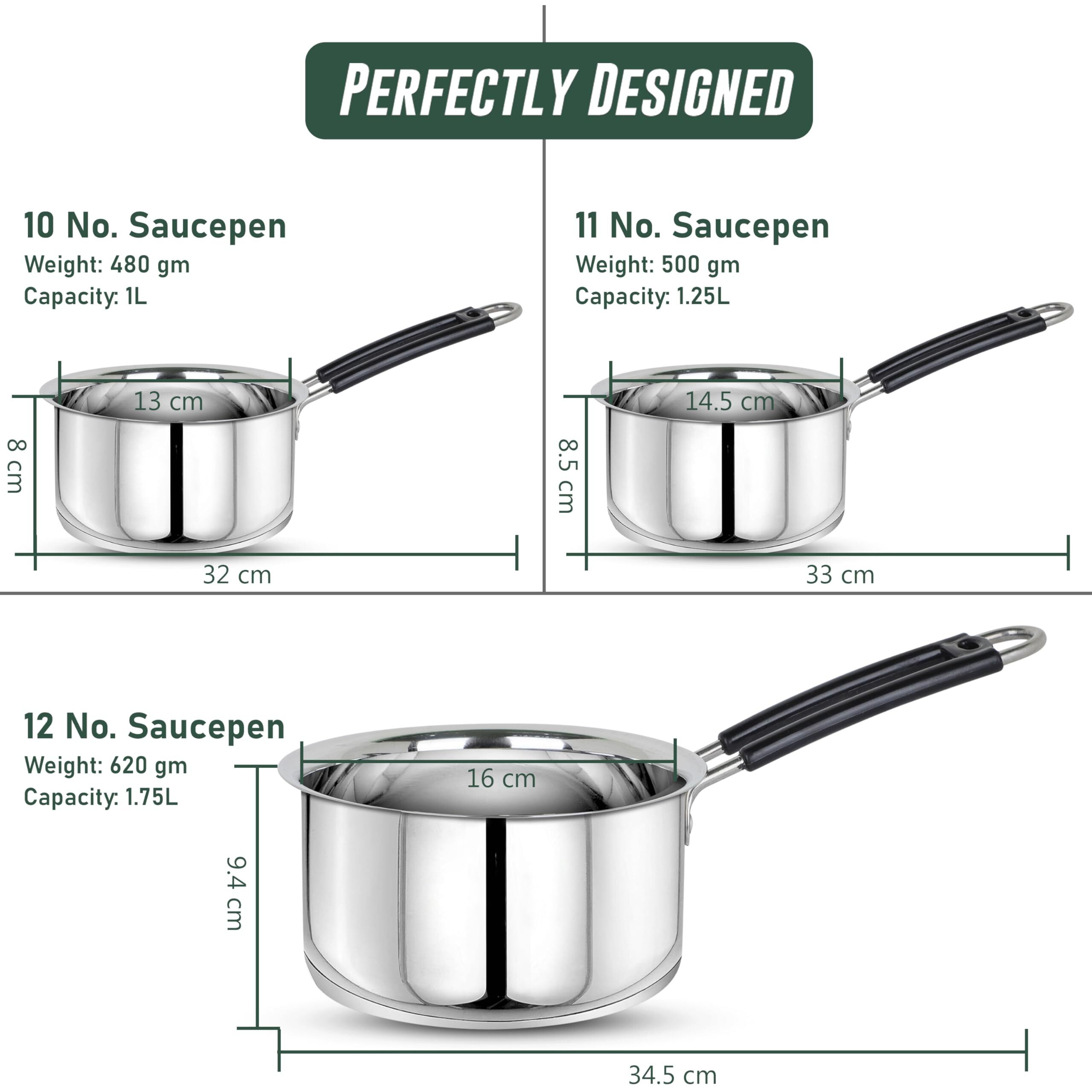 Parage 3 Pieces Stainless Steel Sauce Pan, Tea Pan, Milk Pan Heavy Guage With Heat-Resistant Wire Handle Induction & Gas Stove Friendly (1 Ltr, 1.25 Ltr, 1.75 Ltr, Silver)