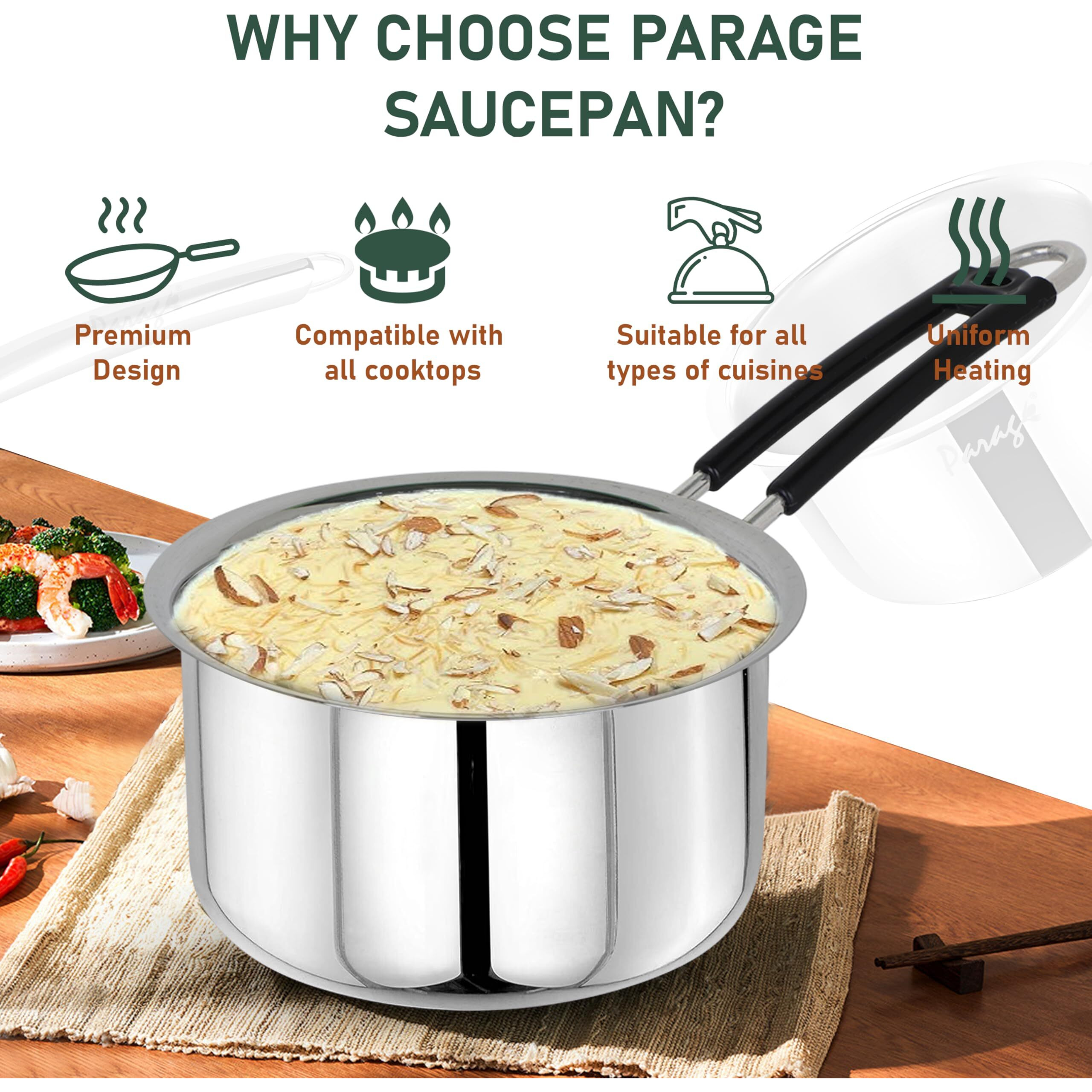 Parage 3 Pieces Stainless Steel Sauce Pan, Tea Pan, Milk Pan Heavy Guage With Heat-Resistant Wire Handle Induction & Gas Stove Friendly (1 Ltr, 1.25 Ltr, 1.75 Ltr, Silver)