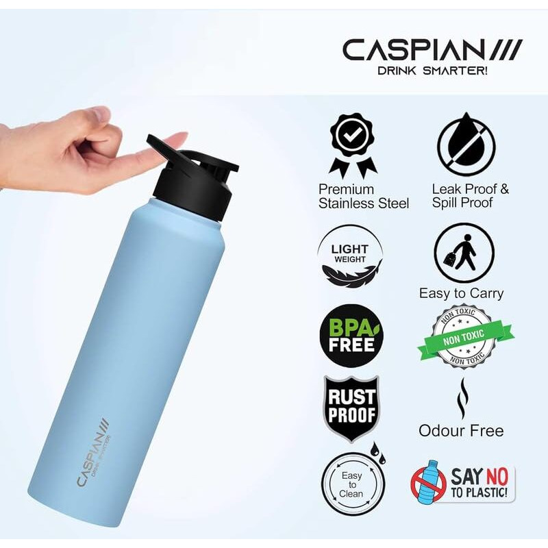Caspian /// Hike Stainless Steel Sipper Water Bottle (Light Purple & Sky Blue, 1 Litre, Set Of 2)| Leak Proof Thunder For Fridge Home Office Travel School Kids Boys Girls Adults Sports Gym Yoga