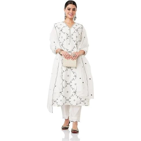 Amazon Brand - Myx Women's Embroidered Kurta Pant Set With Organza Dupatta (Ss25-Myx-Sur-Ks-17_Off-White_L)