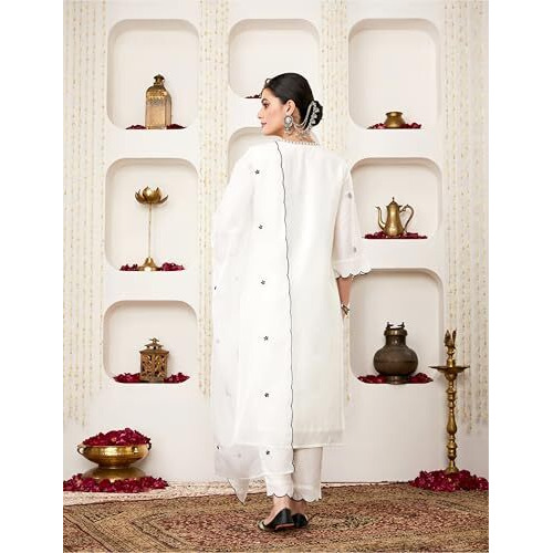 Amazon Brand - Myx Women's Embroidered Kurta Pant Set With Organza Dupatta (Ss25-Myx-Sur-Ks-17_Off-White_L)