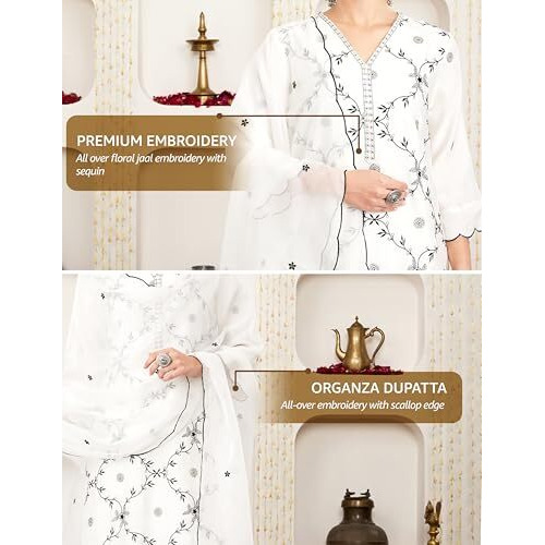 Amazon Brand - Myx Women's Embroidered Kurta Pant Set With Organza Dupatta (Ss25-Myx-Sur-Ks-17_Off-White_L)