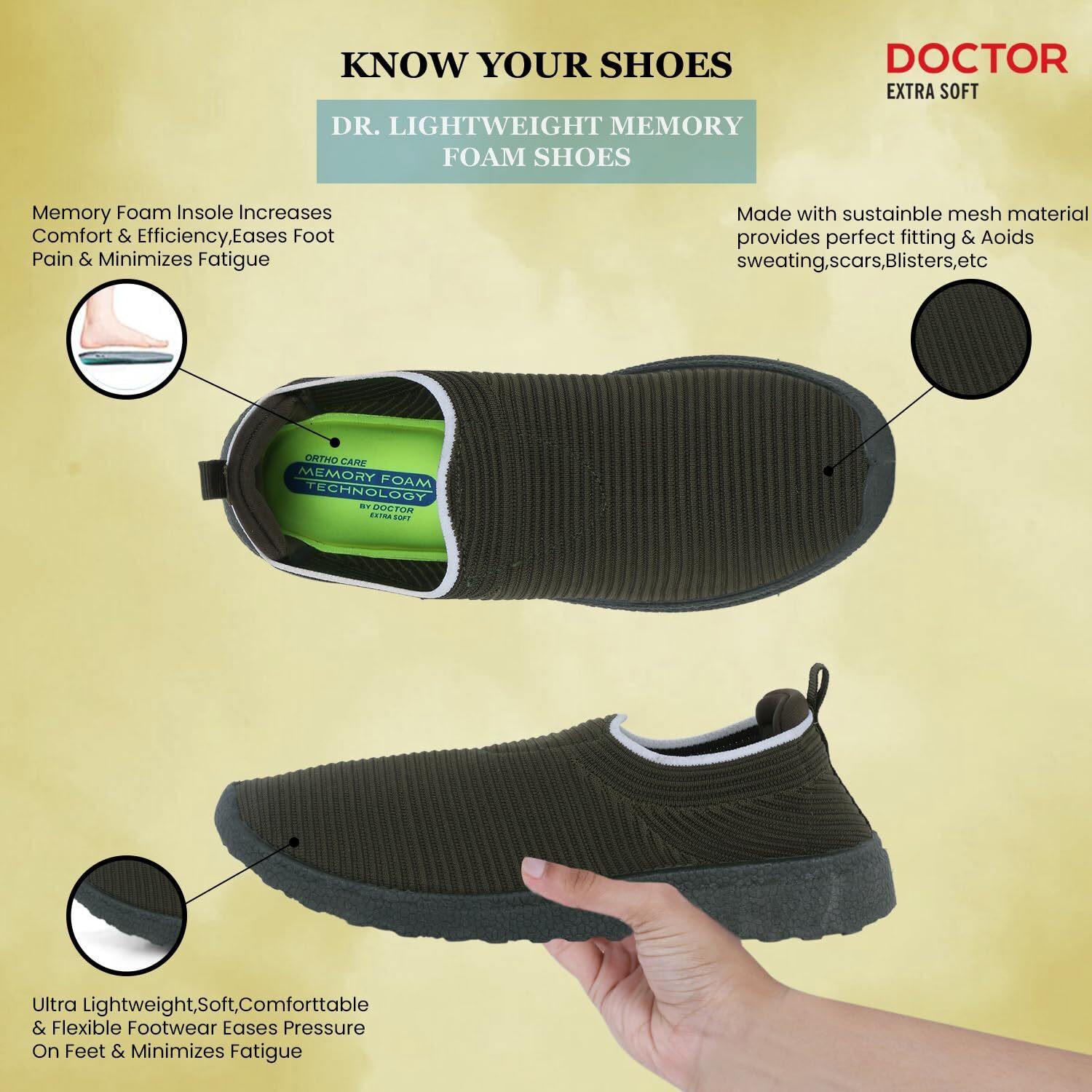 Doctor Extra Soft Lightweight Memory Foam Women's Shoes | Walking,Gym,Training,Running,Casual,Sports,Athletics| Stylish,Flexible,Comfortable| Slip-On,Loafers,Lace-Up,D-1004,Olive