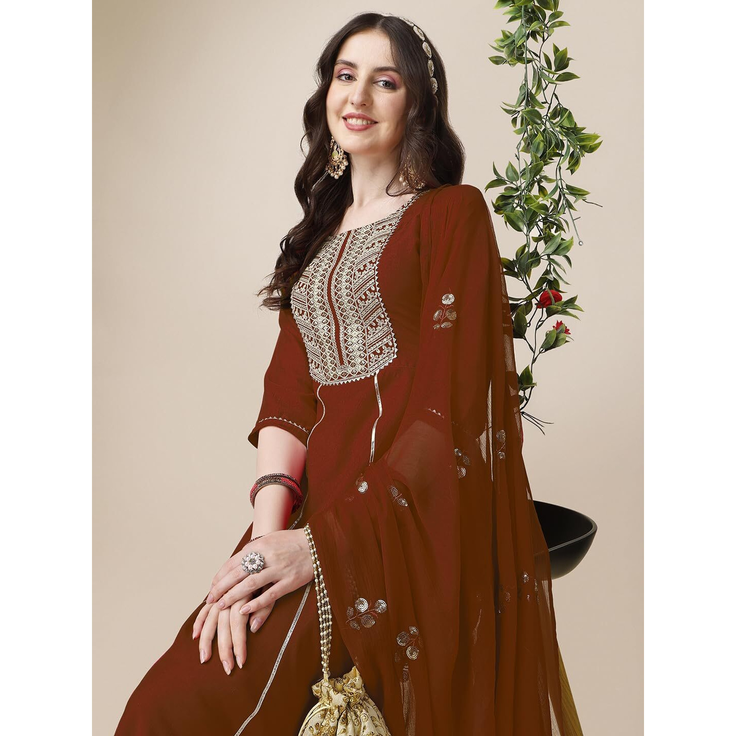 Ethnicjunction Women's Cotton Silk Eid Special Embroidered Kurta Palazzo And Dupatta Set | Eid Outfits For Women Rust