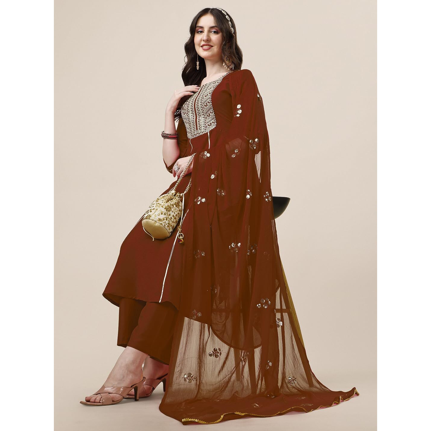 Ethnicjunction Women's Cotton Silk Eid Special Embroidered Kurta Palazzo And Dupatta Set | Eid Outfits For Women Rust
