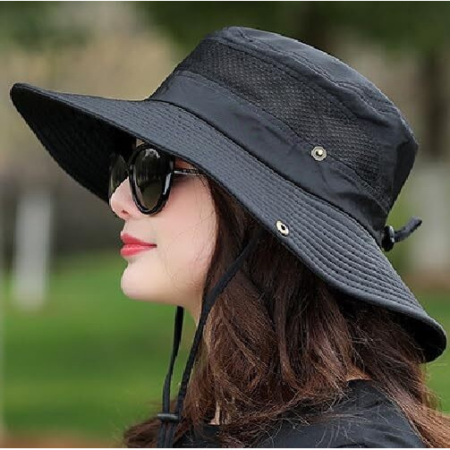 Alexvyan Polyester Round Crown Hat Sun Visor Hats For Women Wide Brim Summer Cap For Girls Uv Protection Breathable Casual Beach Hat, Safari Hat Sun Protection Cap For Women Girl Men (Black), Large