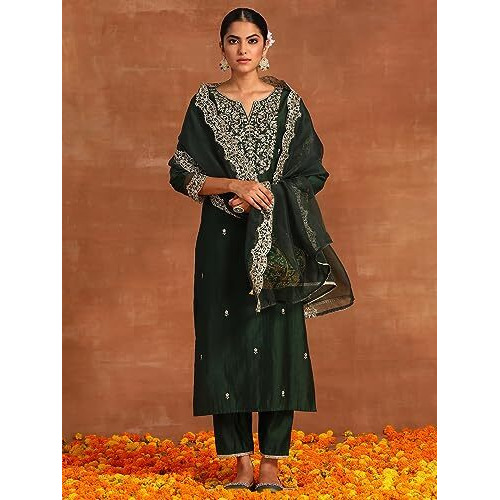 Indo Era Viscose Women's Green Embroidered Straight Kurta With Pant & Dupatta Set (Ieout9424_Medium)