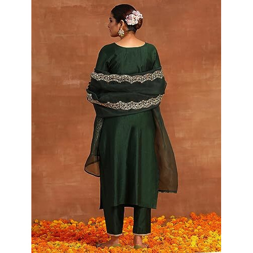 Indo Era Viscose Women's Green Embroidered Straight Kurta With Pant & Dupatta Set (Ieout9424_Medium)