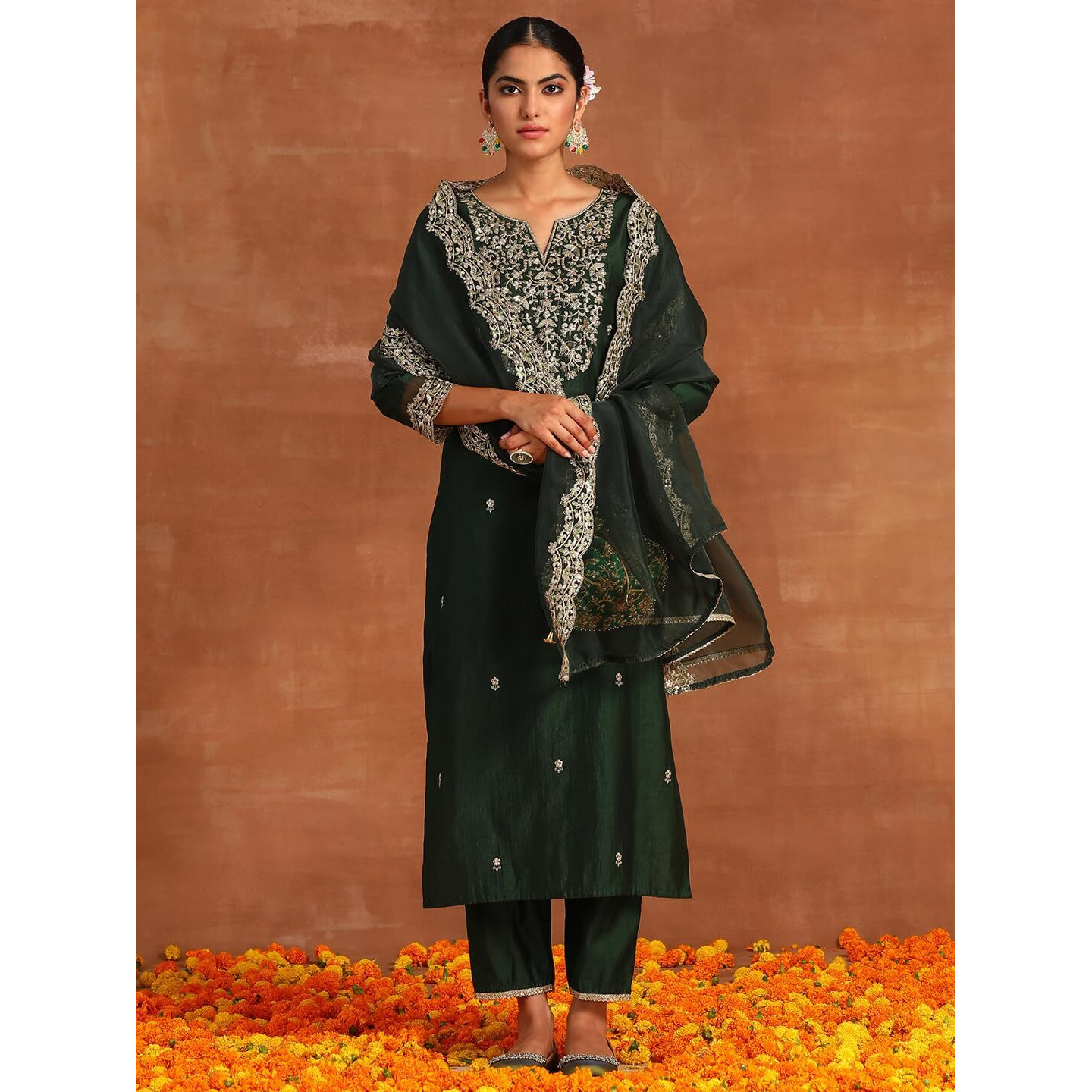 Indo Era Viscose Women's Green Embroidered Straight Kurta With Pant & Dupatta Set (Ieout9424_Small)