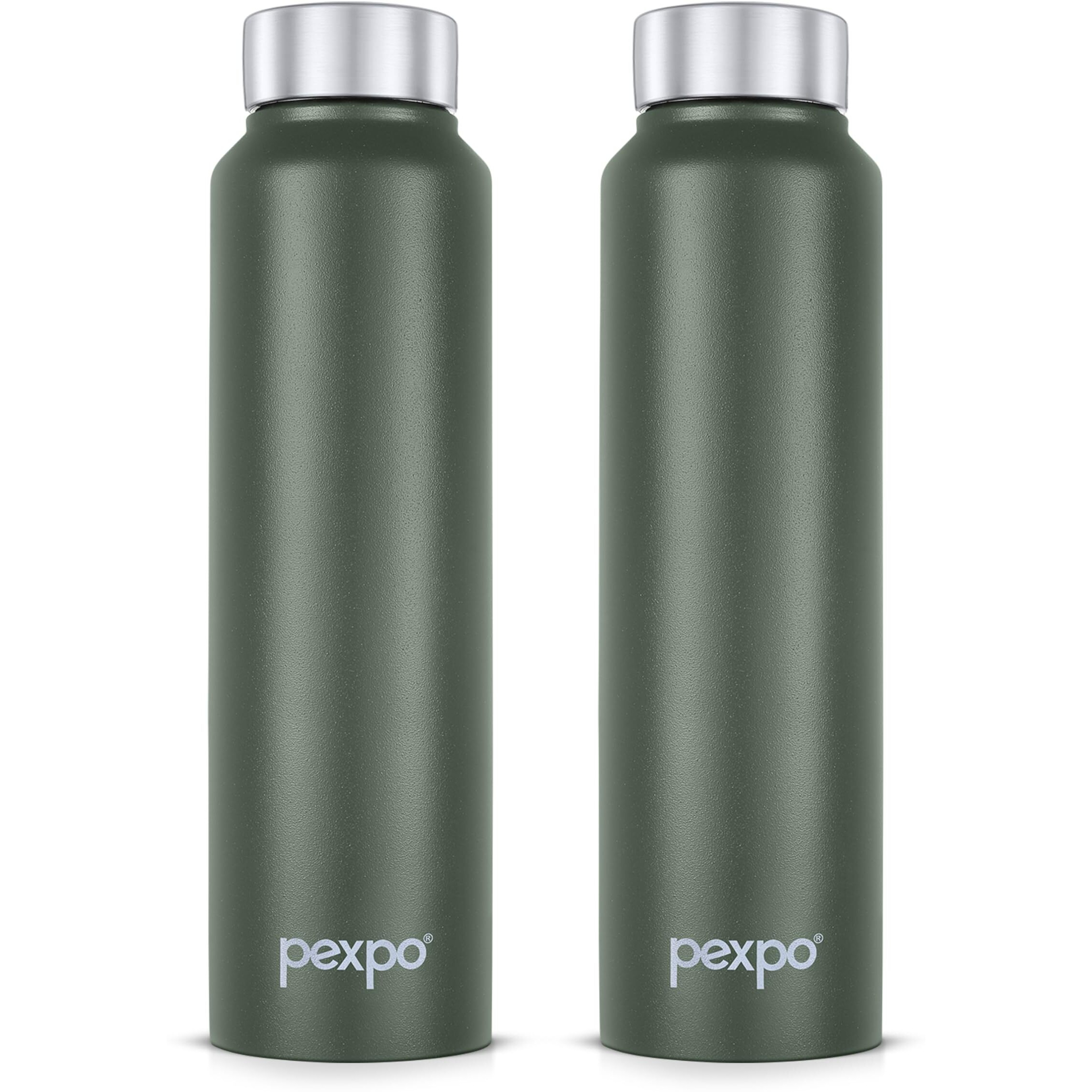 Pexpo Chromo Stainless Steel Sports/Fridge Water Bottle 1 Litre, Military Green Pack Of 2 | Eco Friendly | Bpa Free | Water Bottle For Office, Gym, School, Yoga, Trekking, Men, Women And Kids
