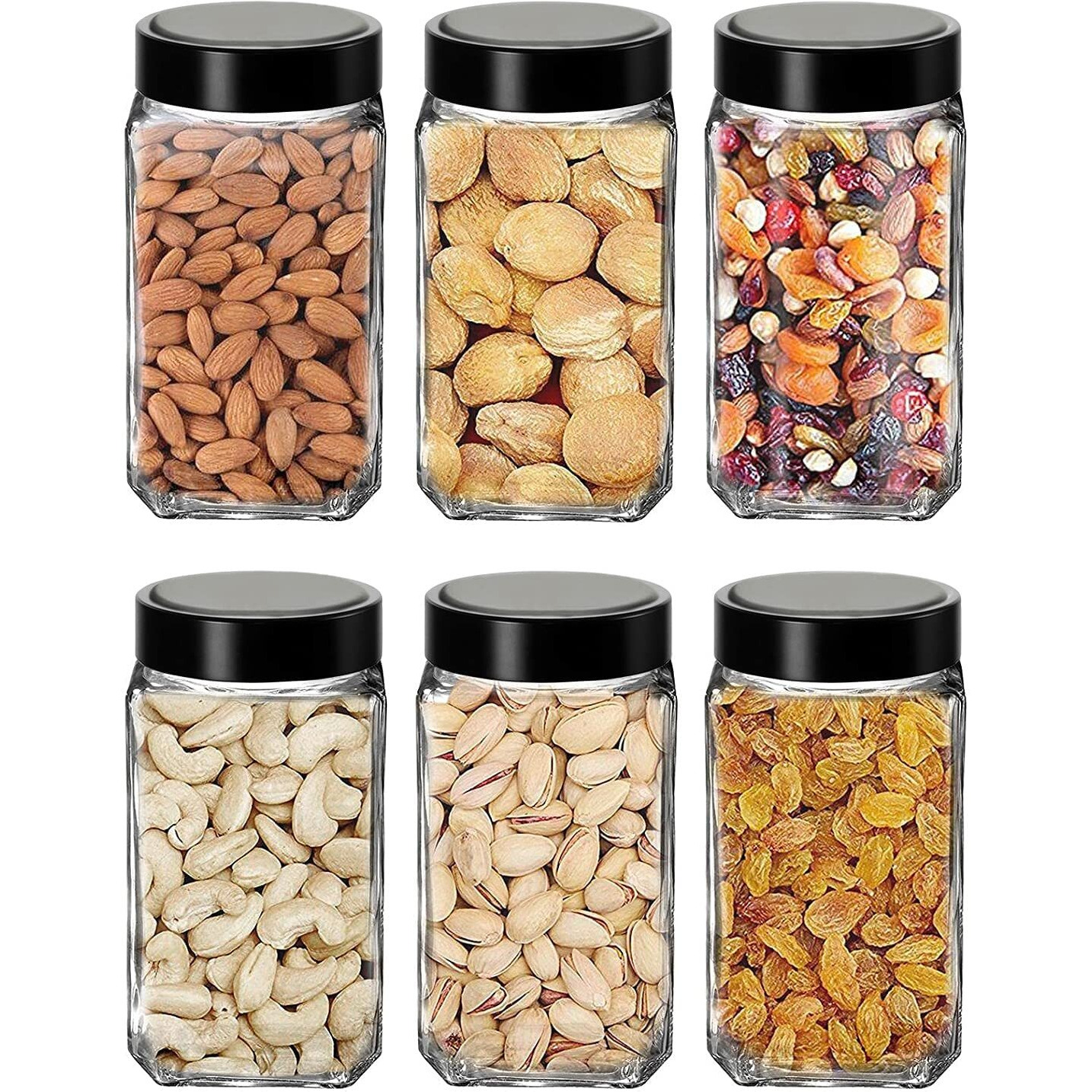 Feelopie Piramal Glass Square Clear Jars&Containers For Kitchen Pantry,Snacks,Masala,Honey,Pickles,Cookies,Dry Fruits,Coffee Beans Storage With Black Color Plastic Lid(Cube Jar)(1000Ml,Set Of 6)