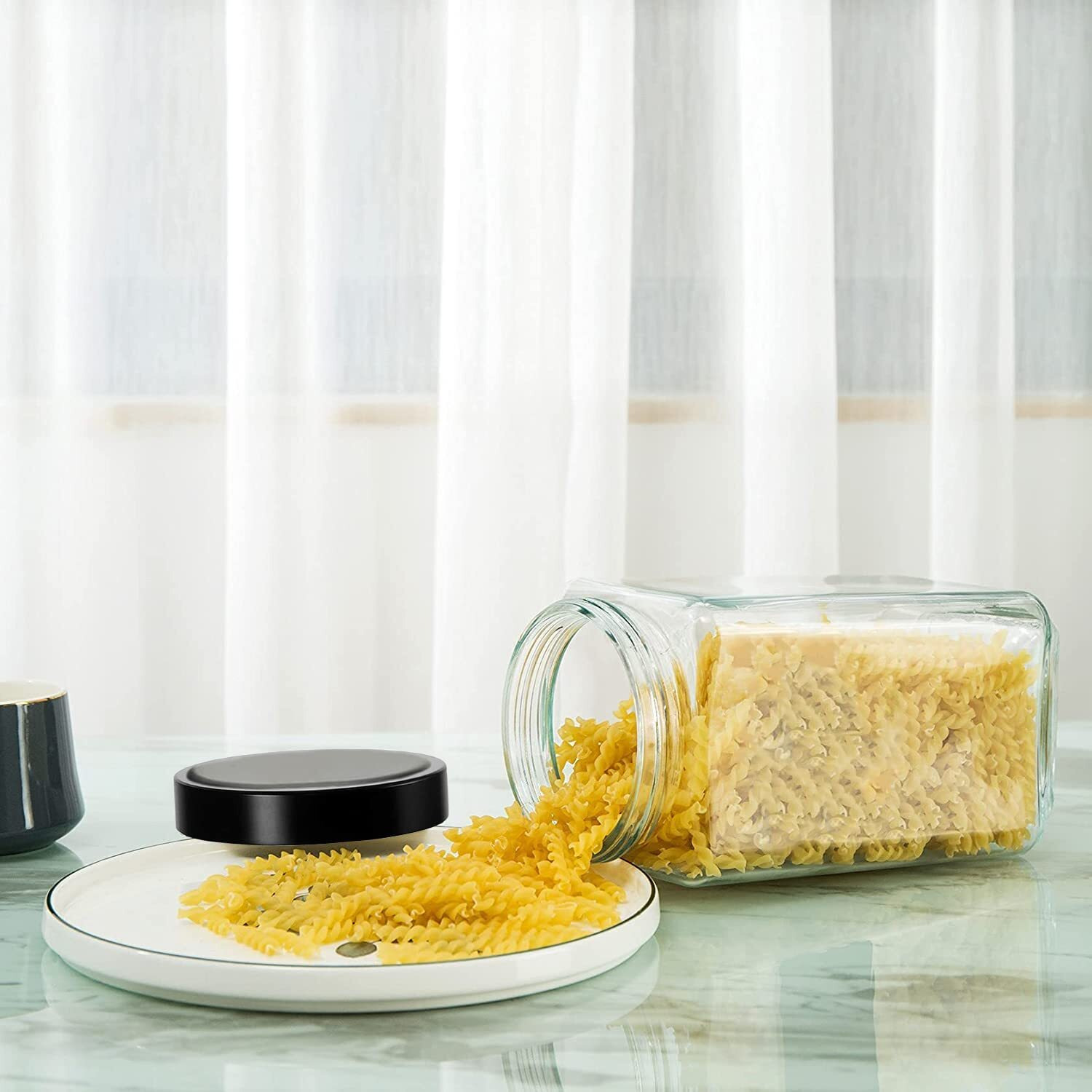 Feelopie Piramal Glass Square Clear Jars&Containers For Kitchen Pantry,Snacks,Masala,Honey,Pickles,Cookies,Dry Fruits,Coffee Beans Storage With Black Color Plastic Lid(Cube Jar)(1000Ml,Set Of 6)