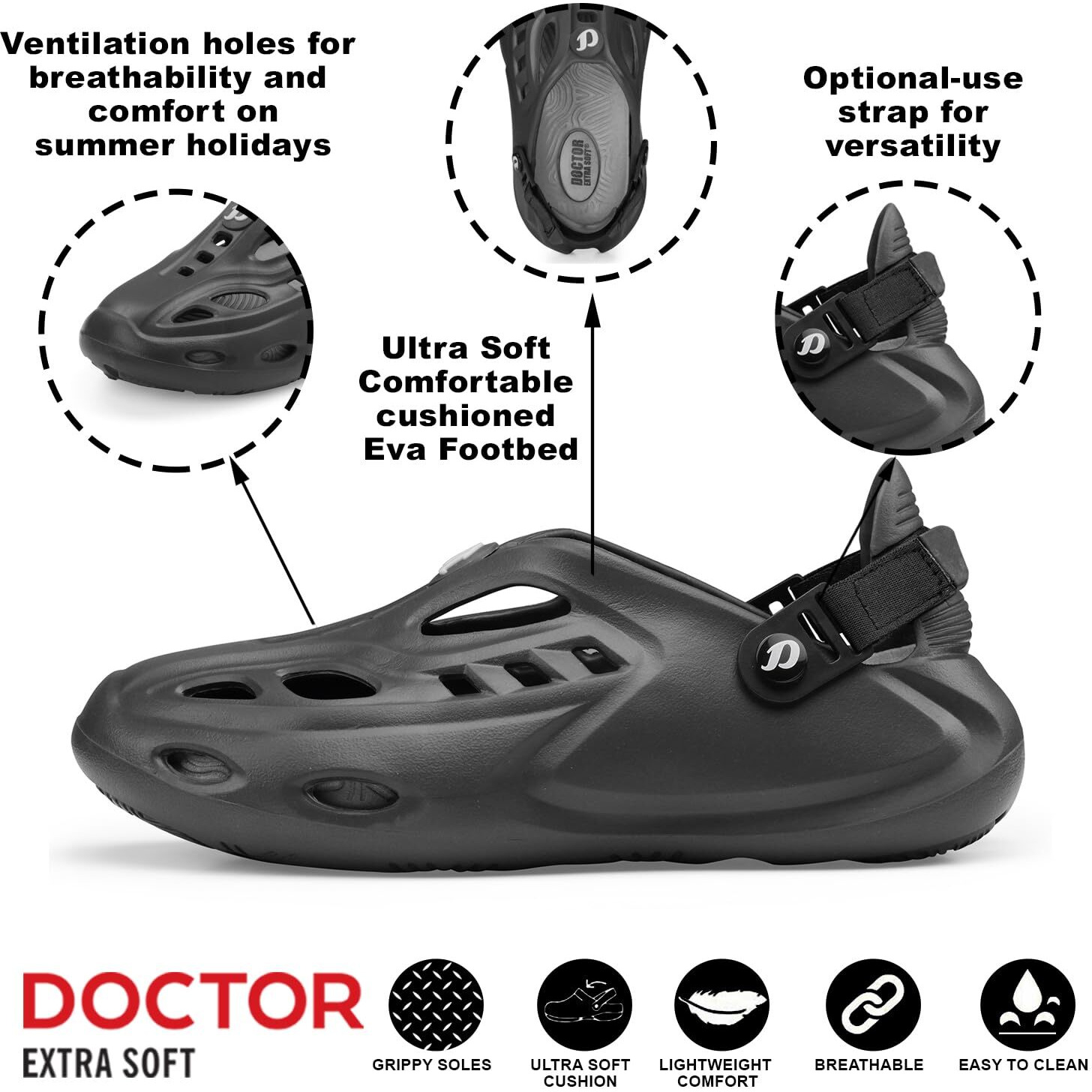 Doctor Extra Soft Men's Sports Extra Padding Casual Clogs/Sandals With Adjustable Back Strap For Adult| Comfortable & Lightweight| Stylish & Anti-Skid| Everyday Use Waterproof Mules Gents/Boys D-531
