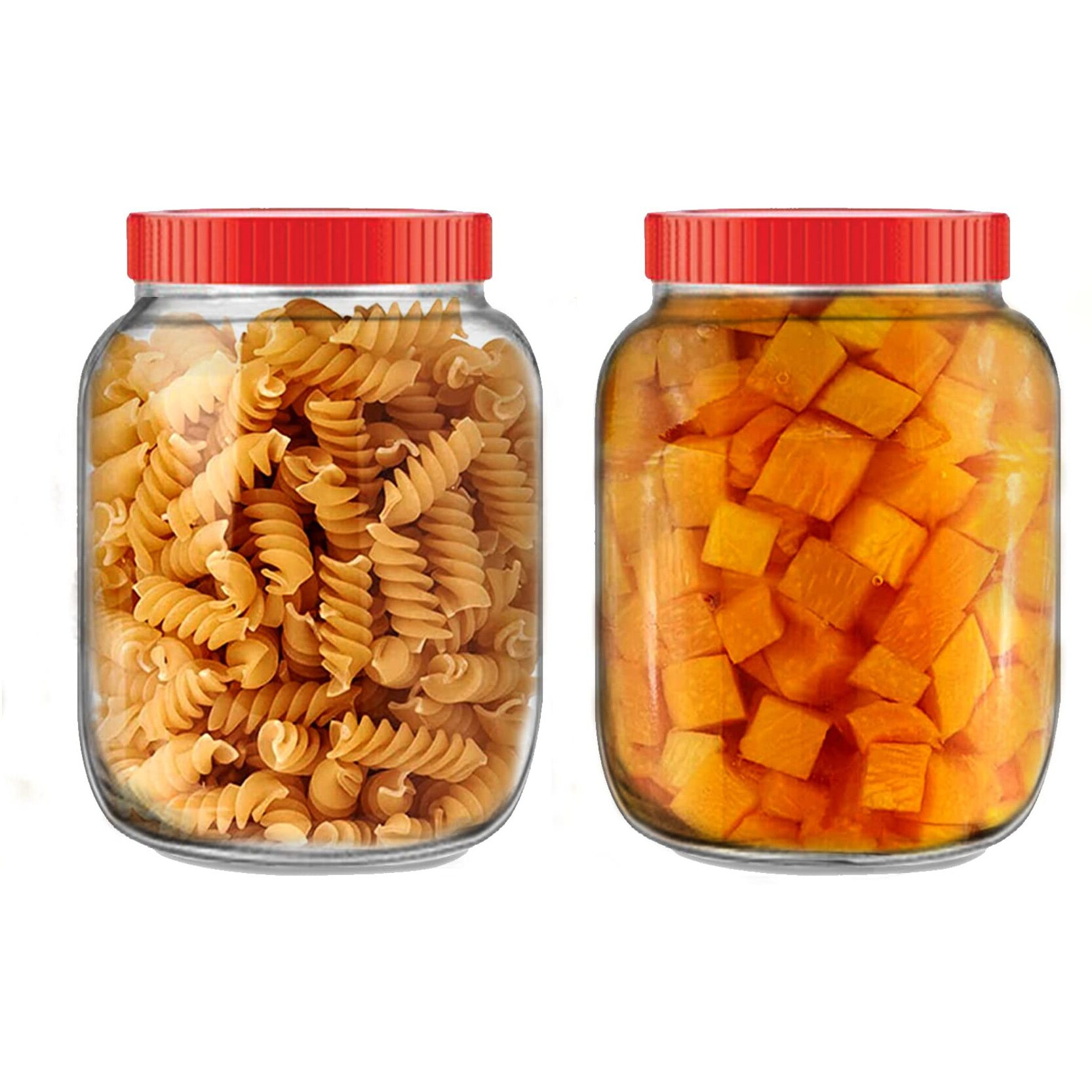 Brezzycloud Piraml Glass Round Shape Transparent Glass Jars & Containers For Kitchen Pantry, Snacks,Dry Fruits, Coffee Beans Storage With Red Color Plastic Lid (Set Of 2) (3000Ml Round Red Cap)