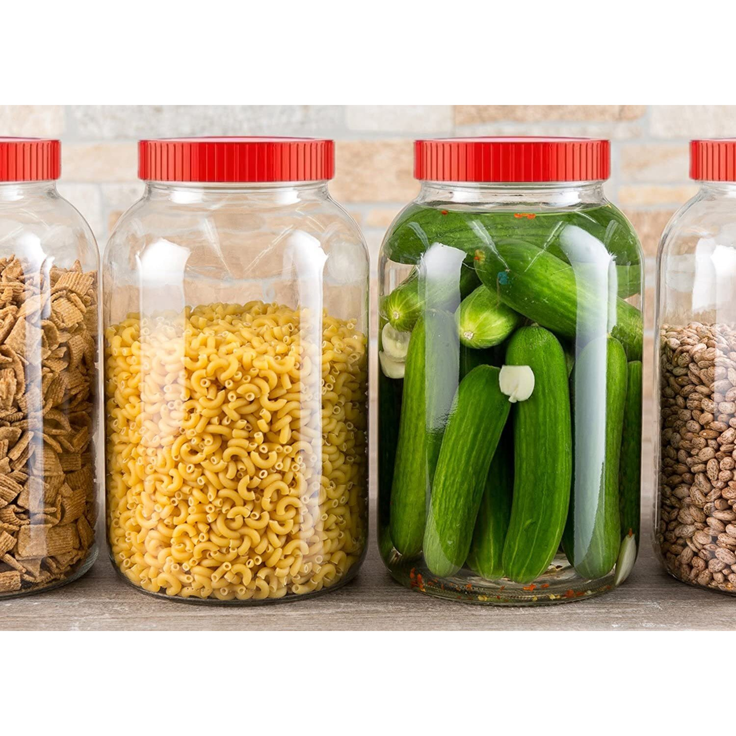 Brezzycloud Piraml Glass Round Shape Transparent Glass Jars & Containers For Kitchen Pantry, Snacks,Dry Fruits, Coffee Beans Storage With Red Color Plastic Lid (Set Of 2) (3000Ml Round Red Cap)