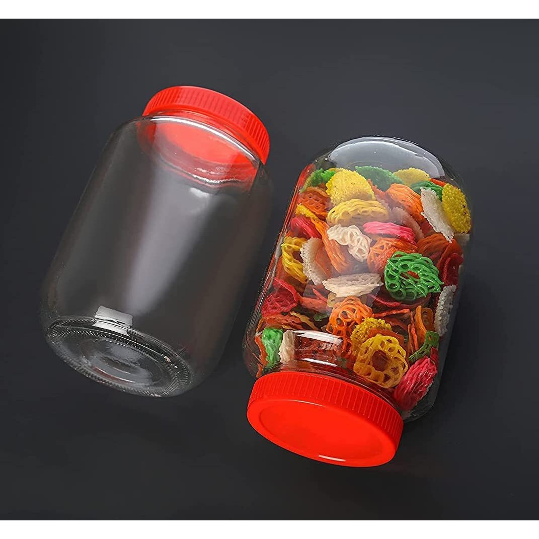 Brezzycloud Piraml Glass Round Shape Transparent Glass Jars & Containers For Kitchen Pantry, Snacks,Dry Fruits, Coffee Beans Storage With Red Color Plastic Lid (Set Of 2) (3000Ml Round Red Cap)