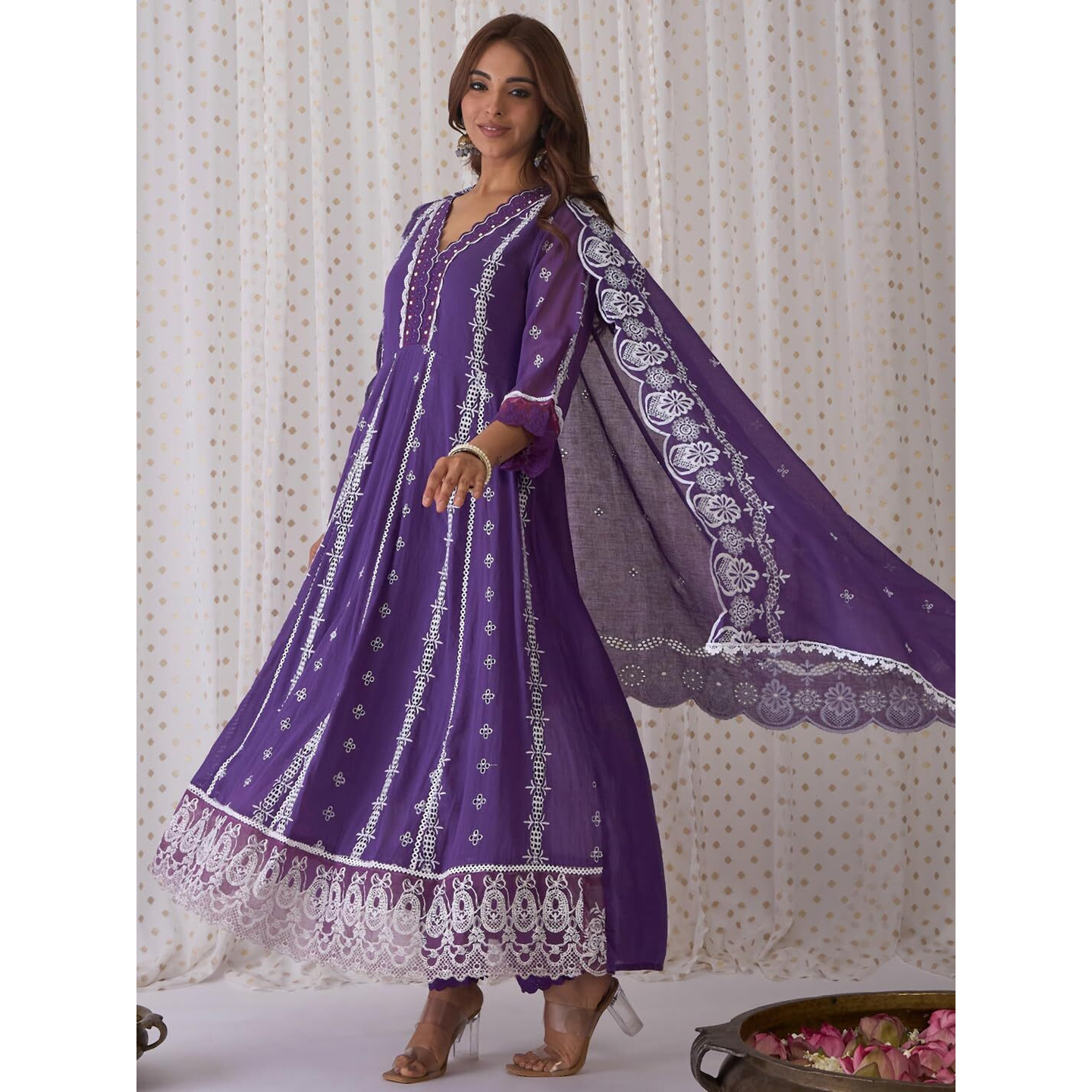 Indo Era Women's Embroidered Pure Cotton Kurta & Pant With Dupatta Set (Kh0Pr6065_Small)