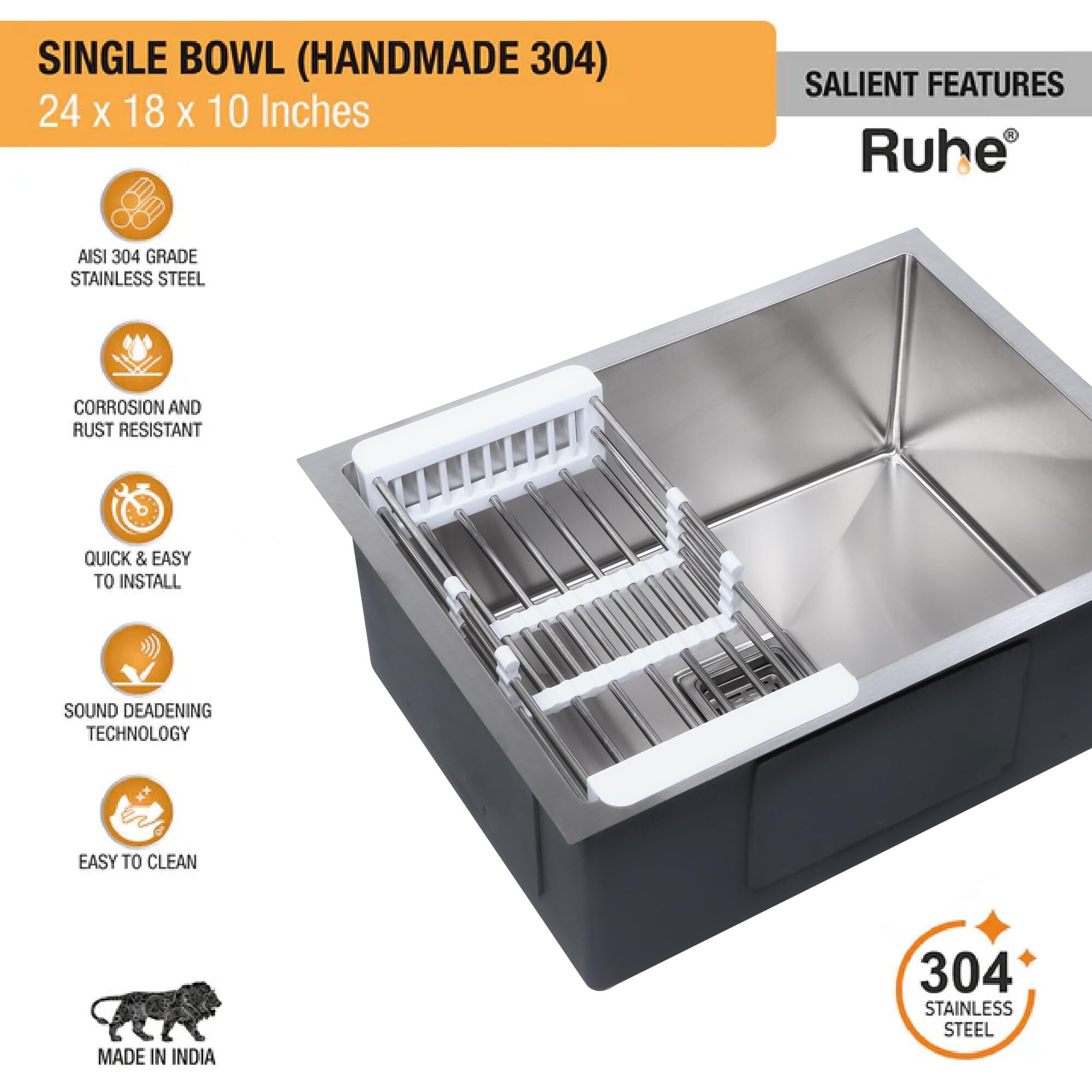 Ruhe Handmade Single Bowl Kitchen Sink 24 X 18 X 10 Inches | 304 Stainless Steel Handmade Kitchen Sink | With Brushed Matte Finish | Including Strainer-Basket/Sink Coupling/Waste Pipe