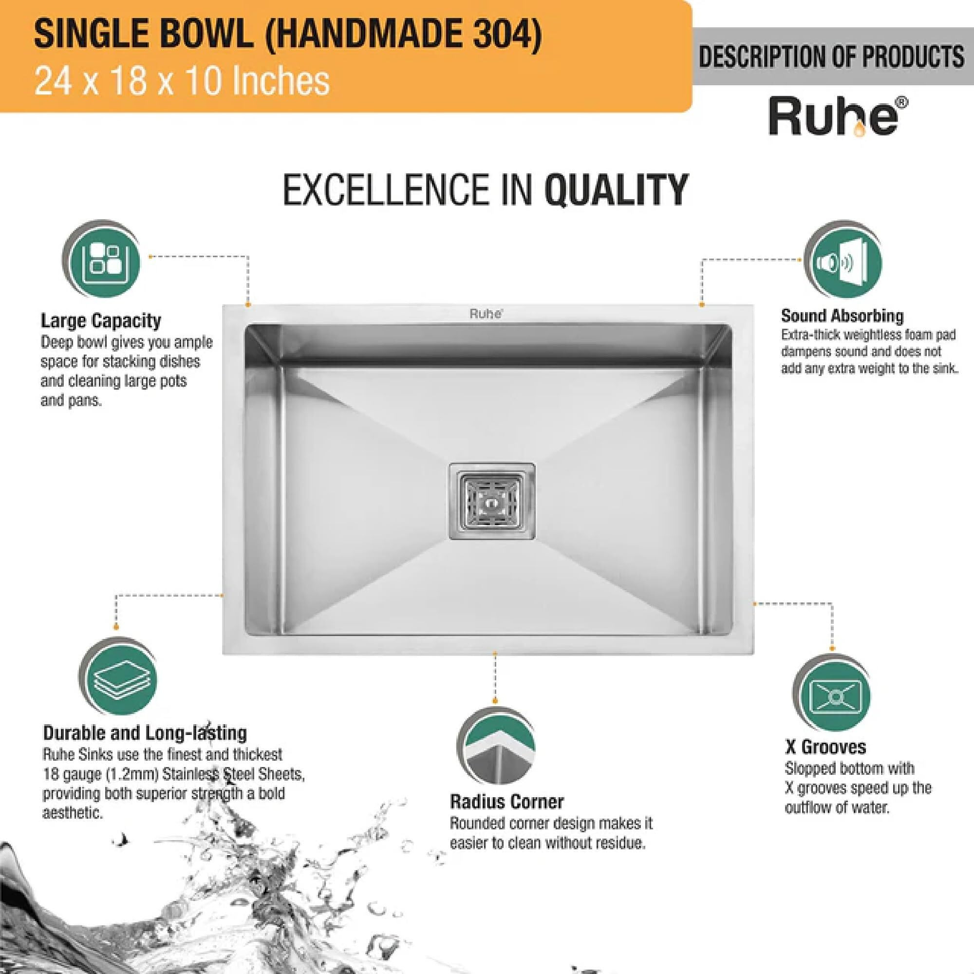 Ruhe Handmade Single Bowl Kitchen Sink 24 X 18 X 10 Inches | 304 Stainless Steel Handmade Kitchen Sink | With Brushed Matte Finish | Including Strainer-Basket/Sink Coupling/Waste Pipe