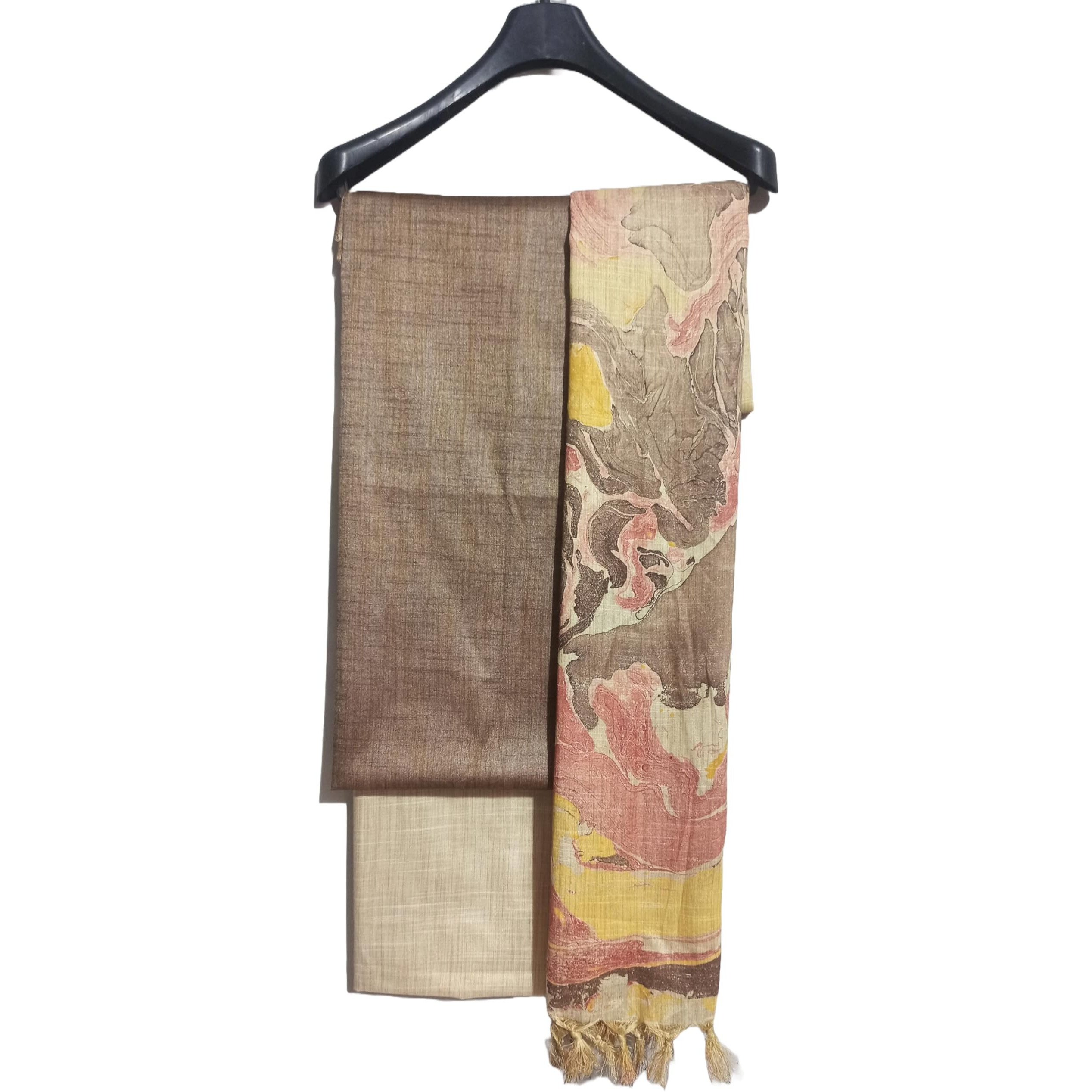 Haider Ali And Sons Handloom Cotton Silk Unstitched Suit Set For Women With Marble Print Dupatta | Salwar Suit Dress Material For Women & Girls_04 (Coffee)