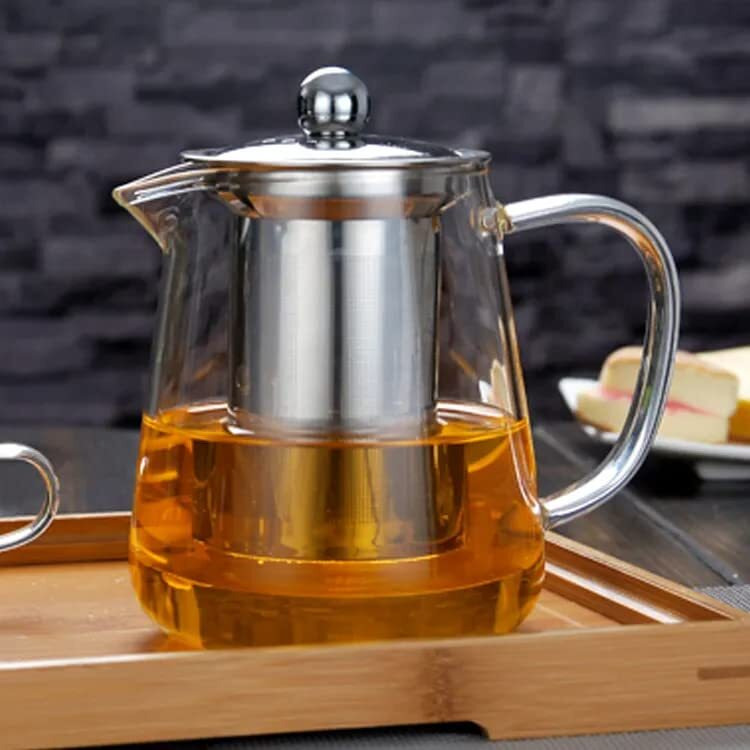 Ankul Borosilicate Square Glass Tea Pot With Heat Resistant Stainless Steel Infuser Perfect For Tea And Coffee Maker, Clear Glass Kettle With 4 Cups (750 Ml, Round With Cup)