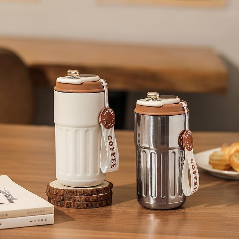 Jugte Coffee Mug Cup Digital Display, Thermos Flasks, 460 Ml, 316 Stainless Steel Travel Mug, Insulated Vacuum Thermal Mug, Leak-Proof Travel Mug With Lid For Coffee (Silver Brown)