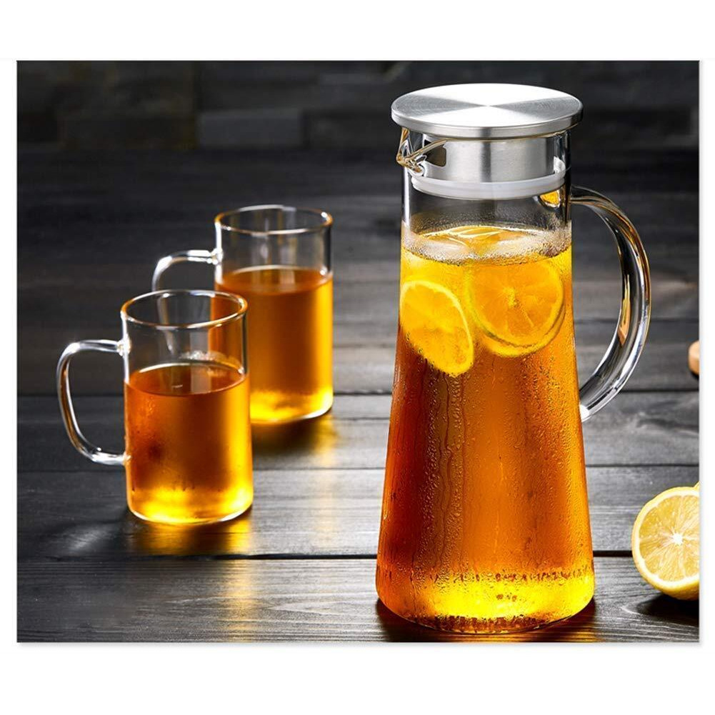 Kikiluxxa Borosilicate Water Jug 1.5 Litre, Stainless Steel Air Tight Lid,Iced Tea Pitcher, Water Jug, Hot Cold Water, Milk And Juice Beverage Carafes (Letinolet Jug)