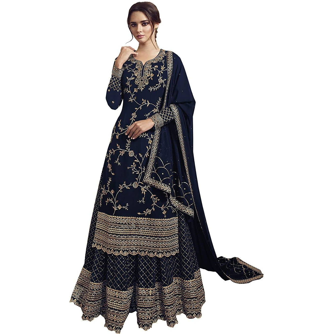 Miss Ethnik Women's Faux Georgette Semi Stitched Top With Stitched Bottom And Dupatta Embroidered Straight Kurta Dress Material (Pakistani Salwar Suit) (Blue)