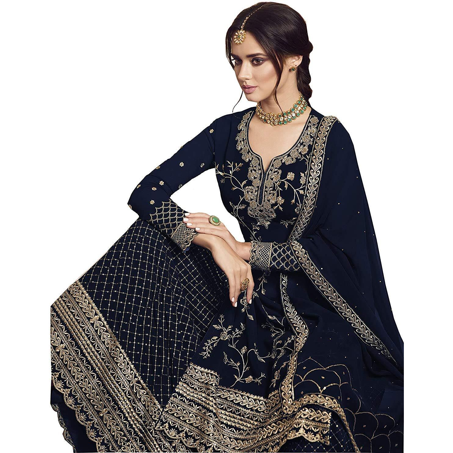 Miss Ethnik Women's Faux Georgette Semi Stitched Top With Stitched Bottom And Dupatta Embroidered Straight Kurta Dress Material (Pakistani Salwar Suit) (Blue)