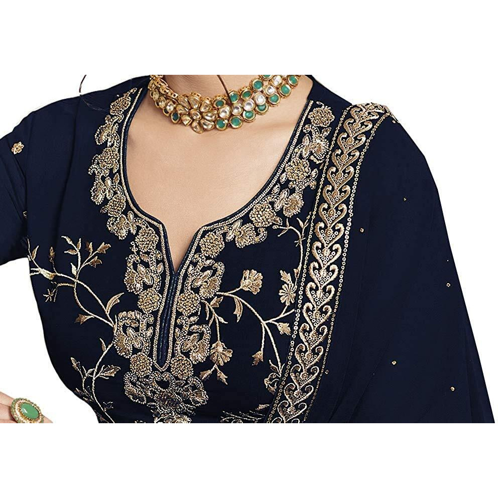 Miss Ethnik Women's Faux Georgette Semi Stitched Top With Stitched Bottom And Dupatta Embroidered Straight Kurta Dress Material (Pakistani Salwar Suit) (Blue)