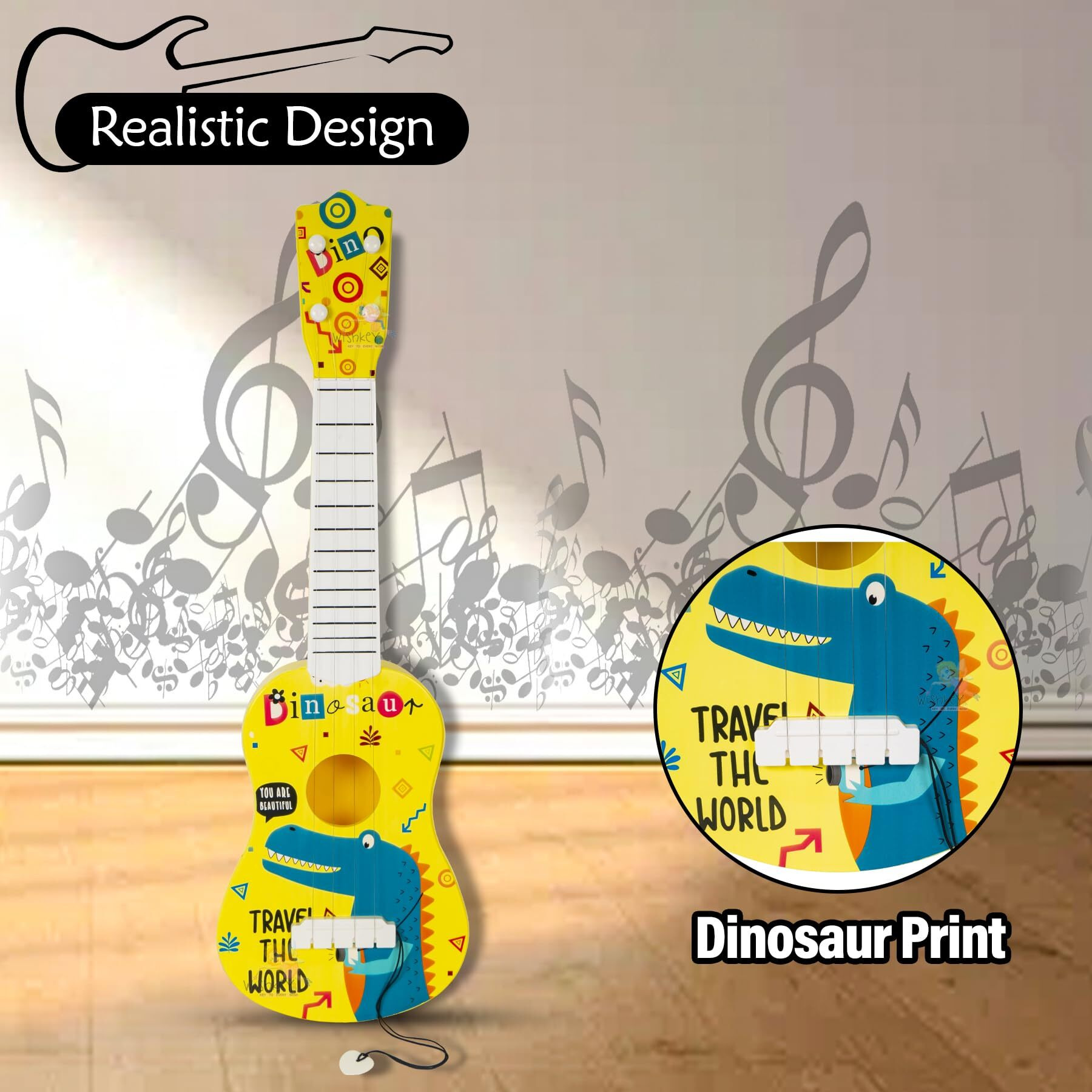 Wishkey Cartoon Dino Theme Guitar 4 Strings Acoustic Music Toys For Kids, Educational Toy Guitar For Beginners, Musical Instrument, Learning Musical Toy, Sound Toys, Yellow, 6+Years, 22"(Pack Of 1)