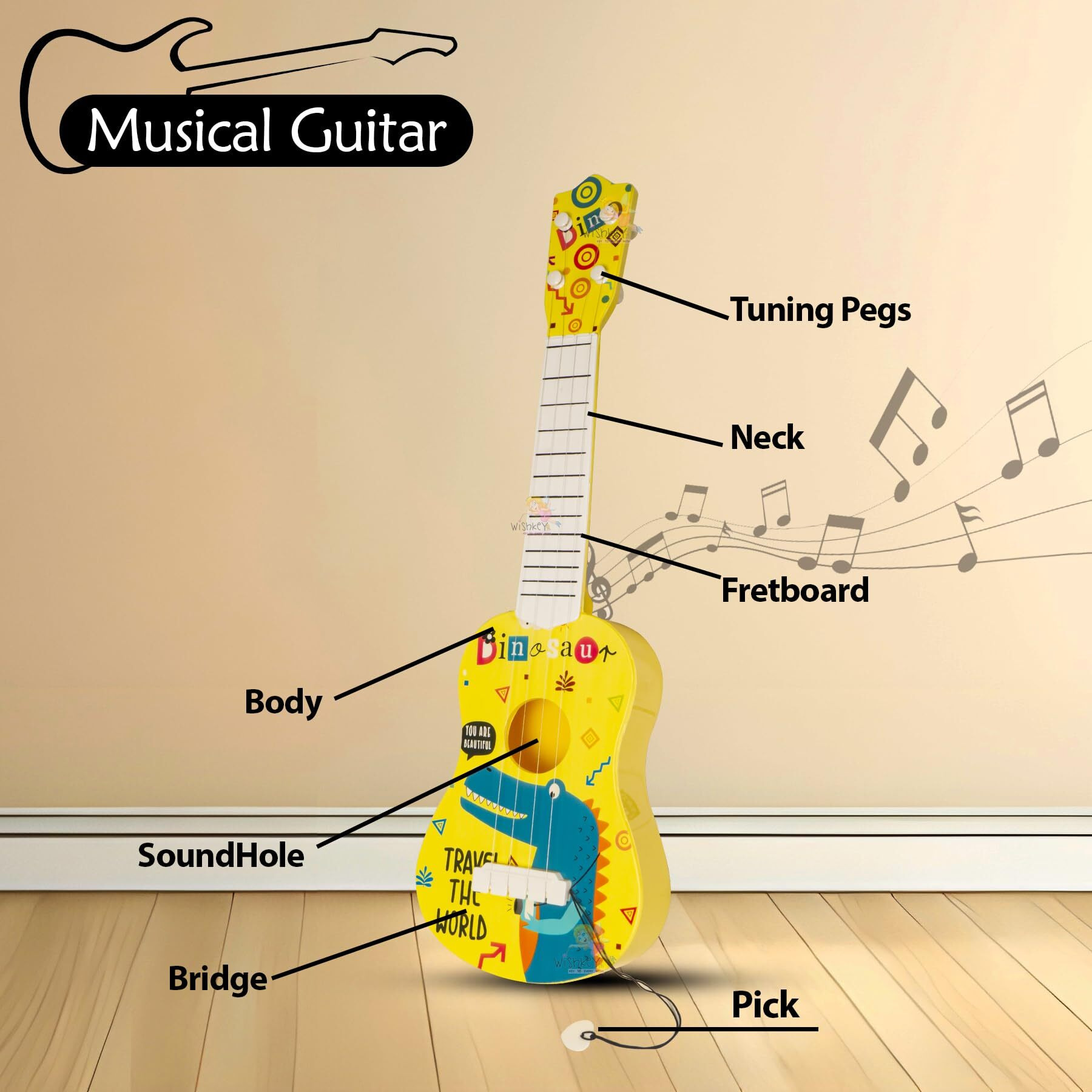 Wishkey Cartoon Dino Theme Guitar 4 Strings Acoustic Music Toys For Kids, Educational Toy Guitar For Beginners, Musical Instrument, Learning Musical Toy, Sound Toys, Yellow, 6+Years, 22"(Pack Of 1)