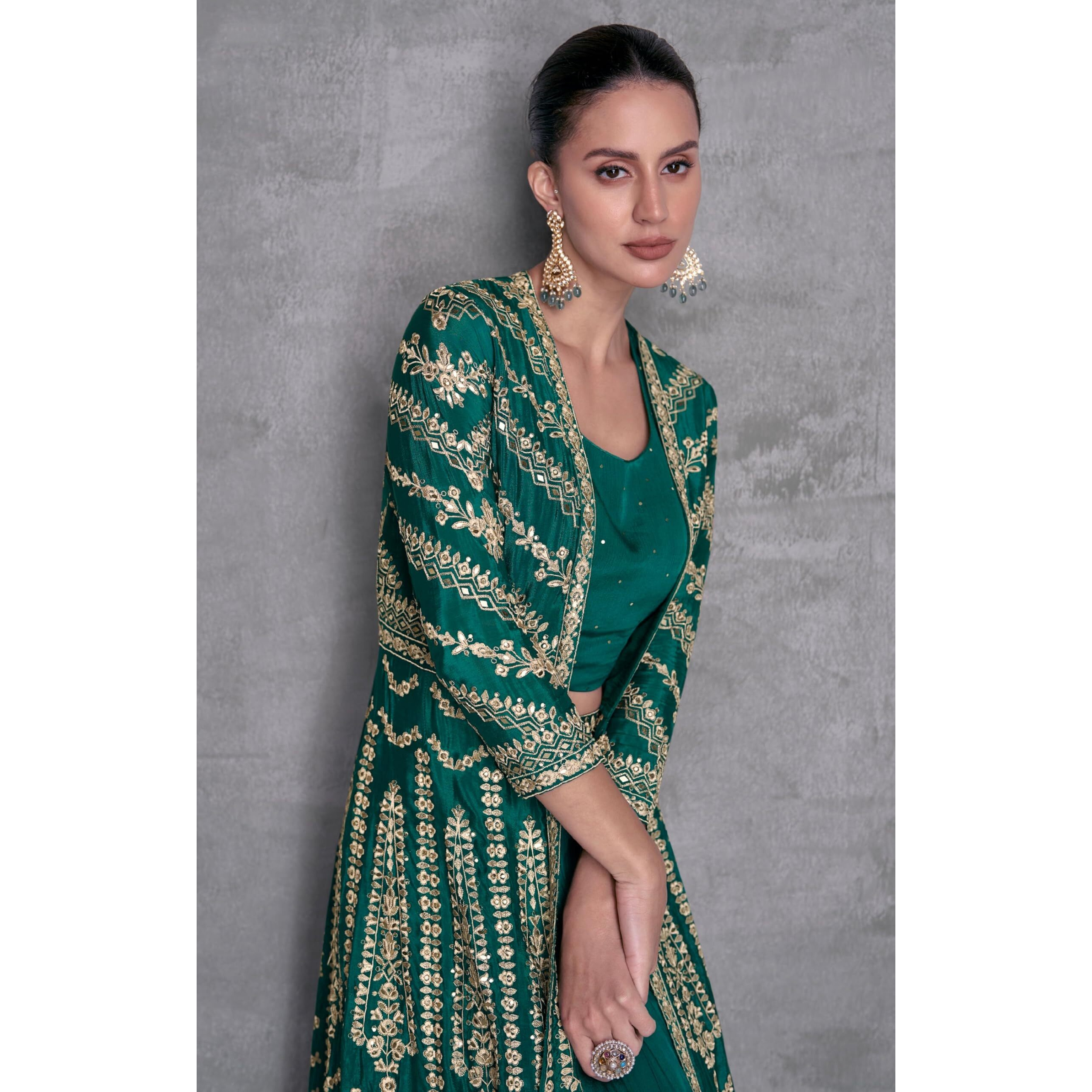 Miss Ethnik Women's Green Chinon Stitched Top With Stitched Bottom Full Sleeve Embroidered Choli With Jacket (Lehenga Choli With Jacket) (Me-1196-Green-Xxl)
